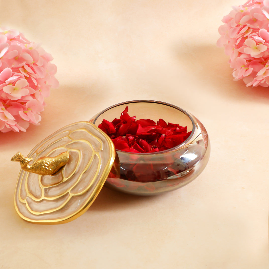 Large -Glass Jar With Rose Design Enamel Metal Lid