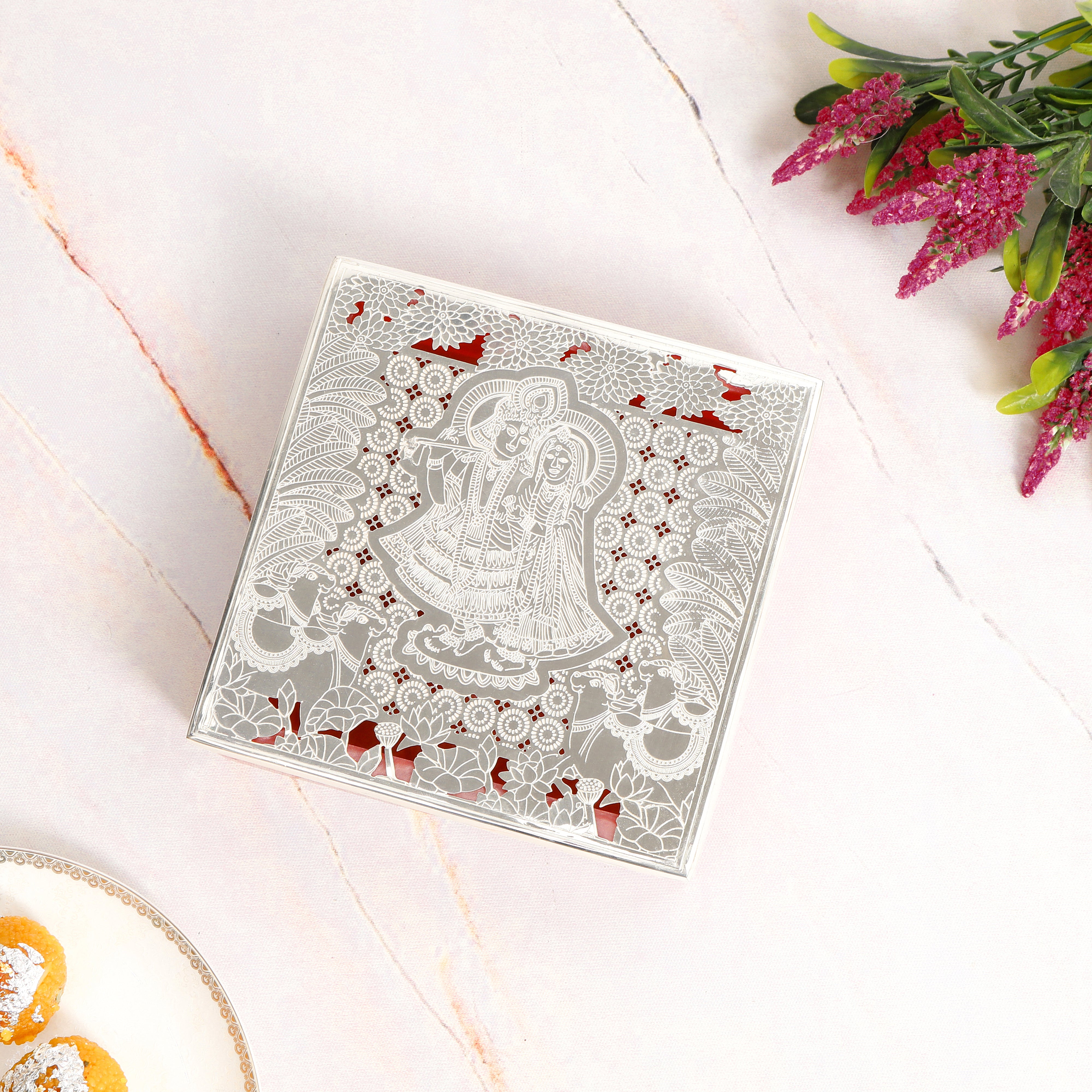 Resin Box With Brass Silver Plated Radha Krishna Design Cut Lid