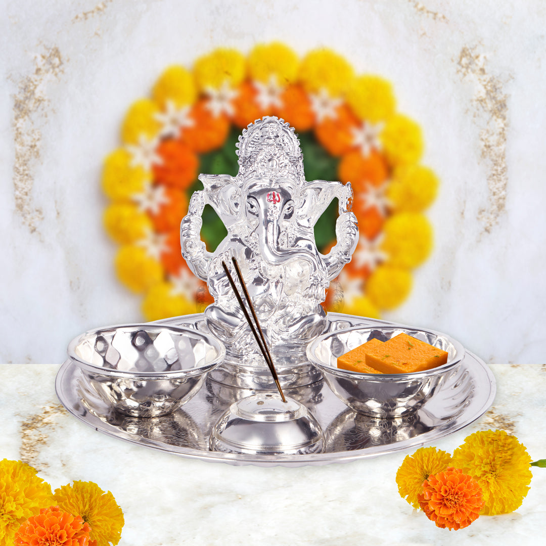 Puja Thali Set - Ganesh Ji - White Metal