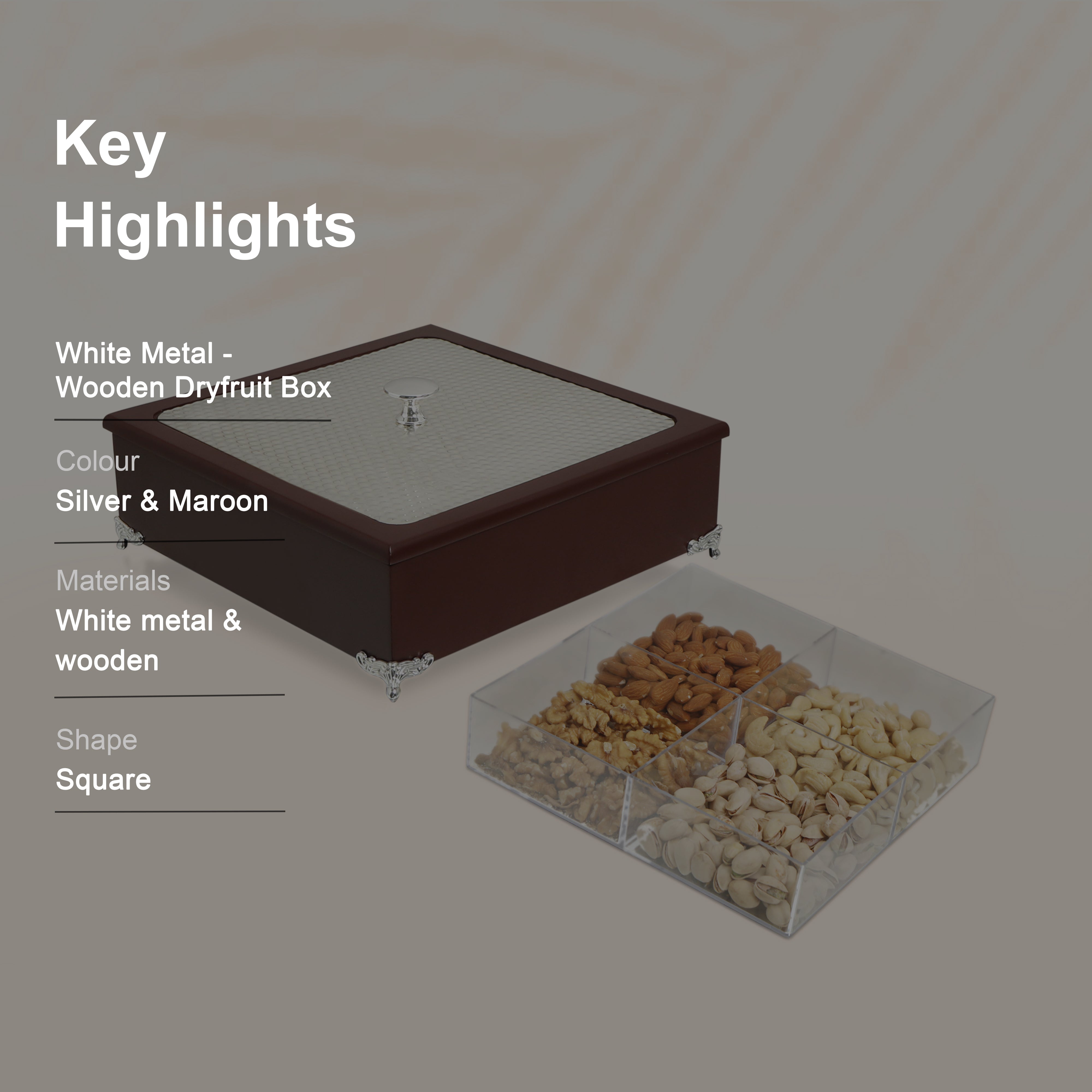 Wooden Dry Fruit Box With White Metal Lid