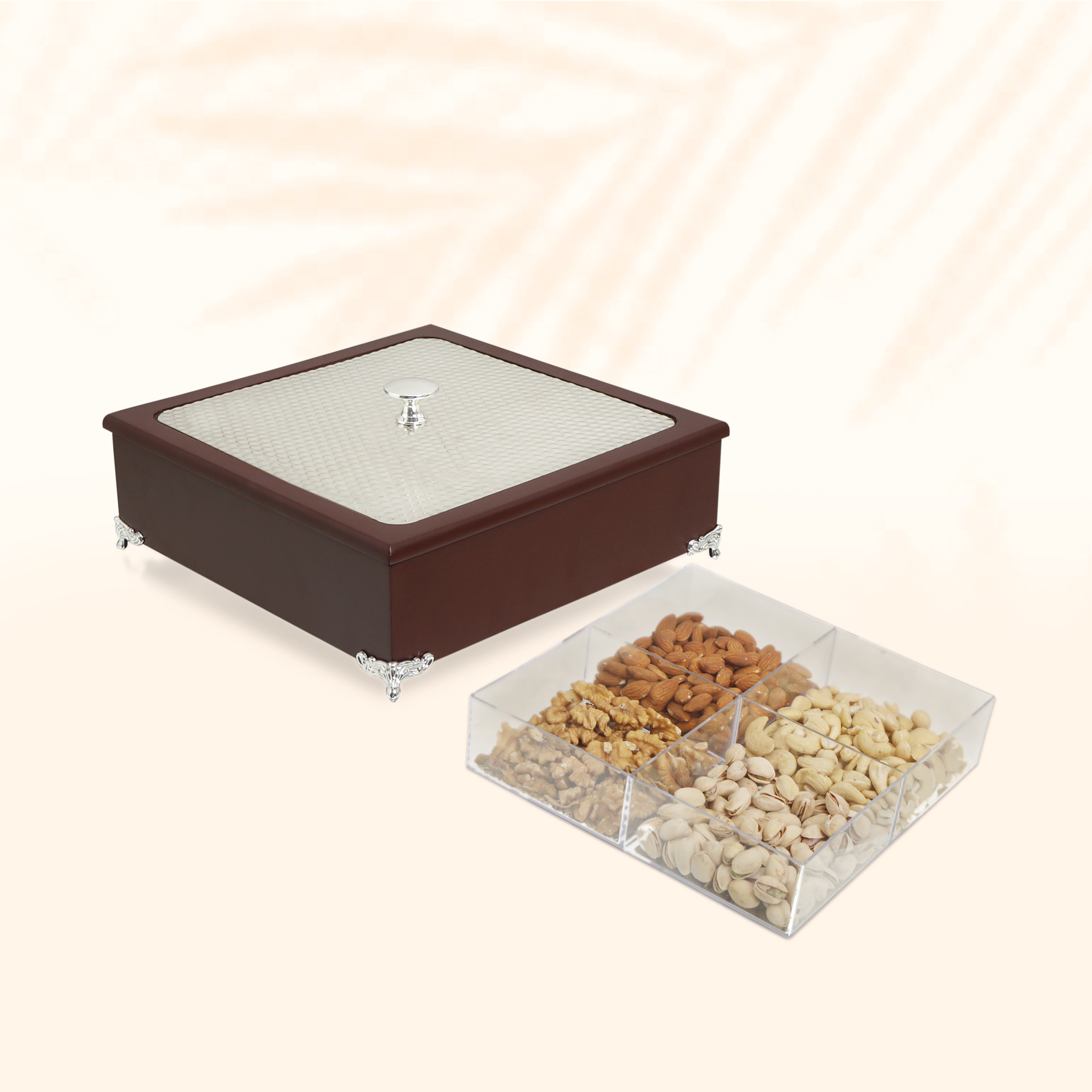 Wooden Dry Fruit Box With White Metal Lid