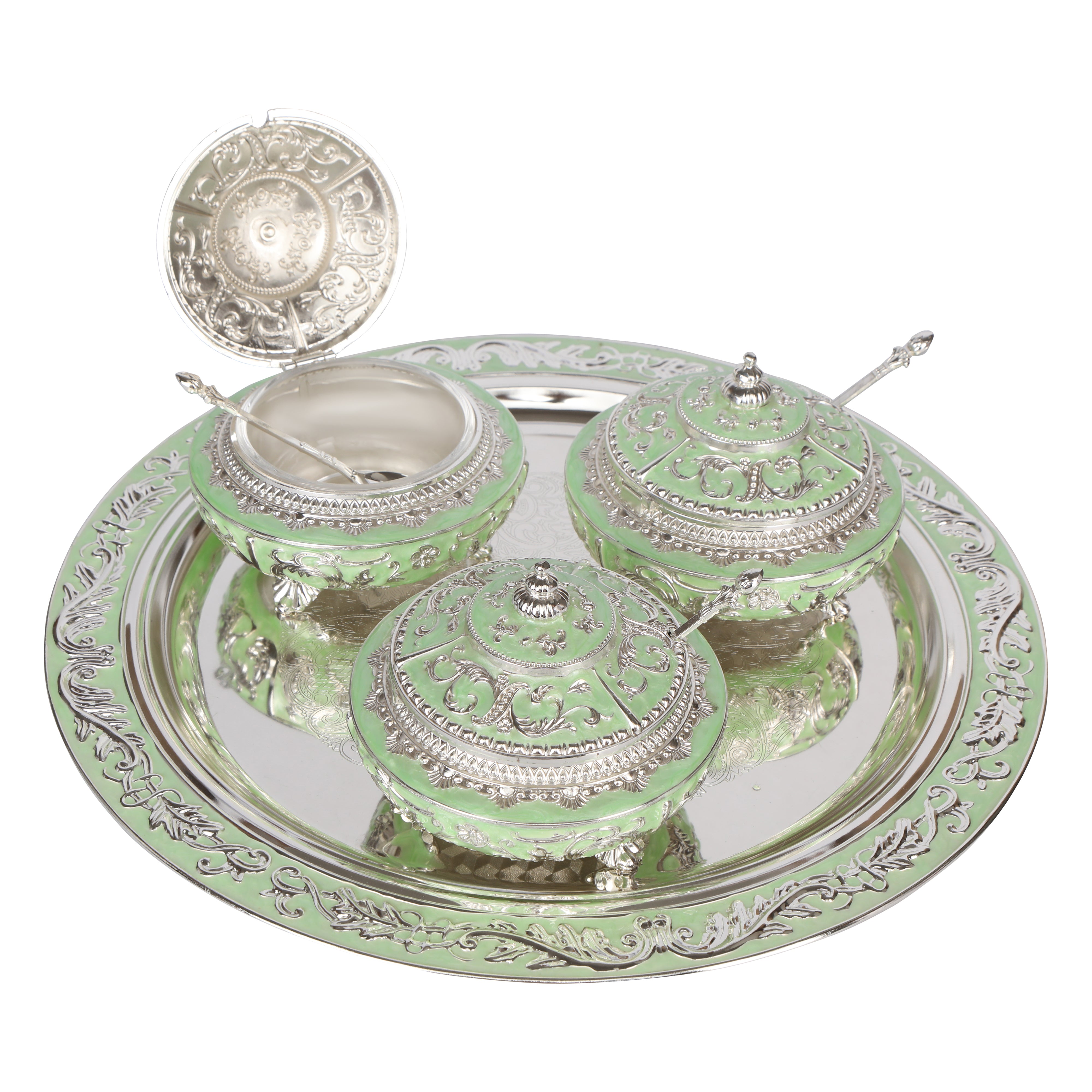 White Metal Green Round Tray With 3 Jars