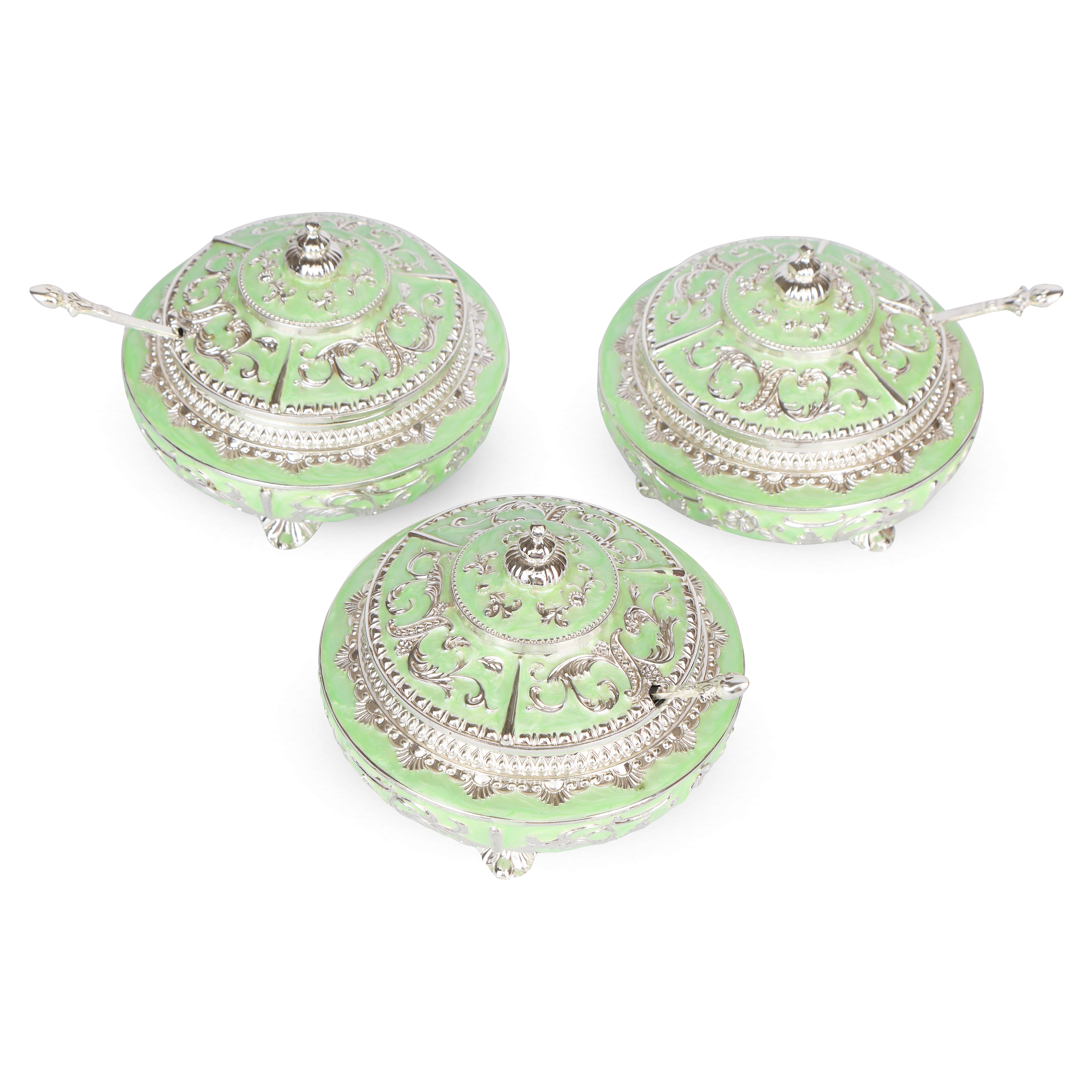 White Metal Green Round Tray With 3 Jars