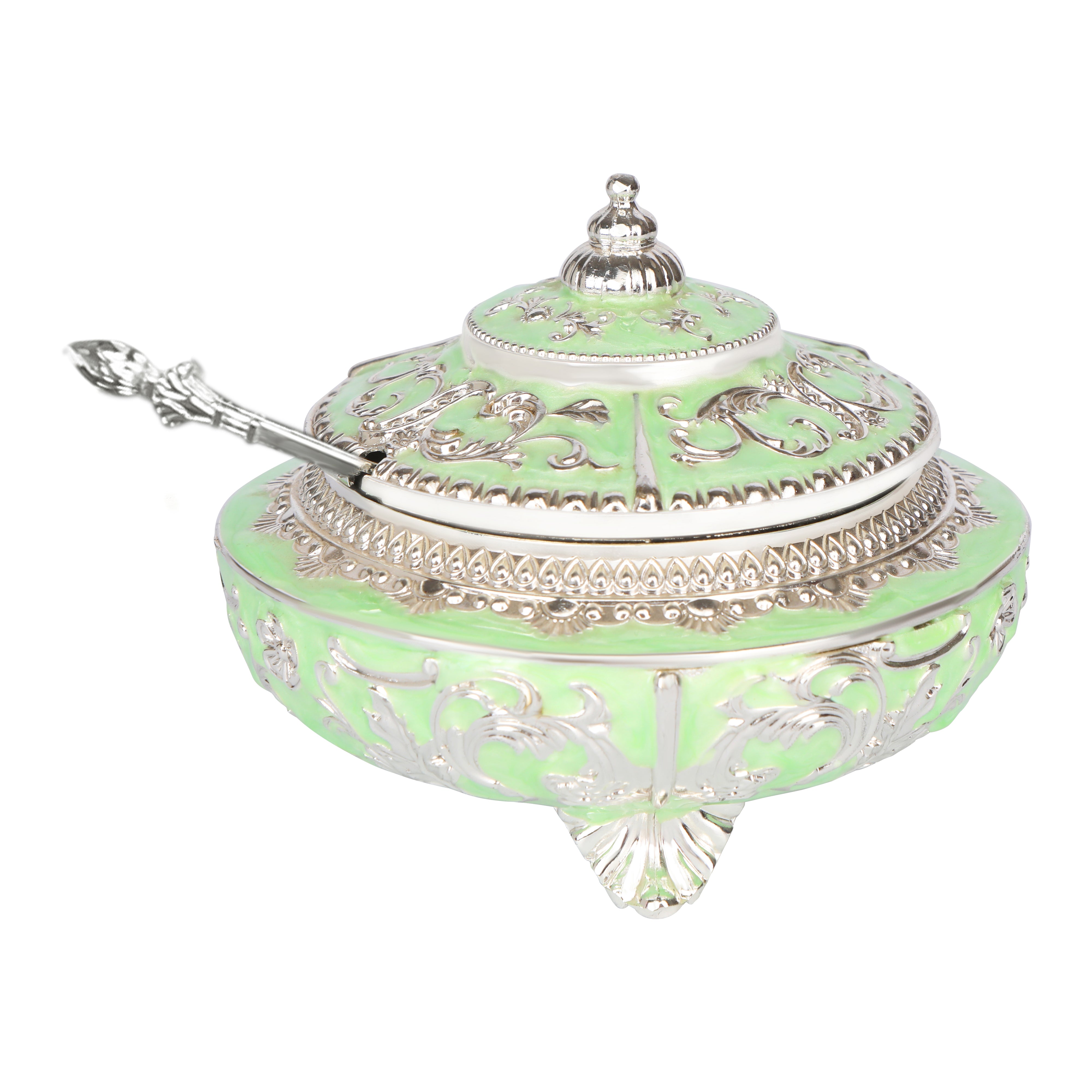 White Metal Green Round Tray With 3 Jars