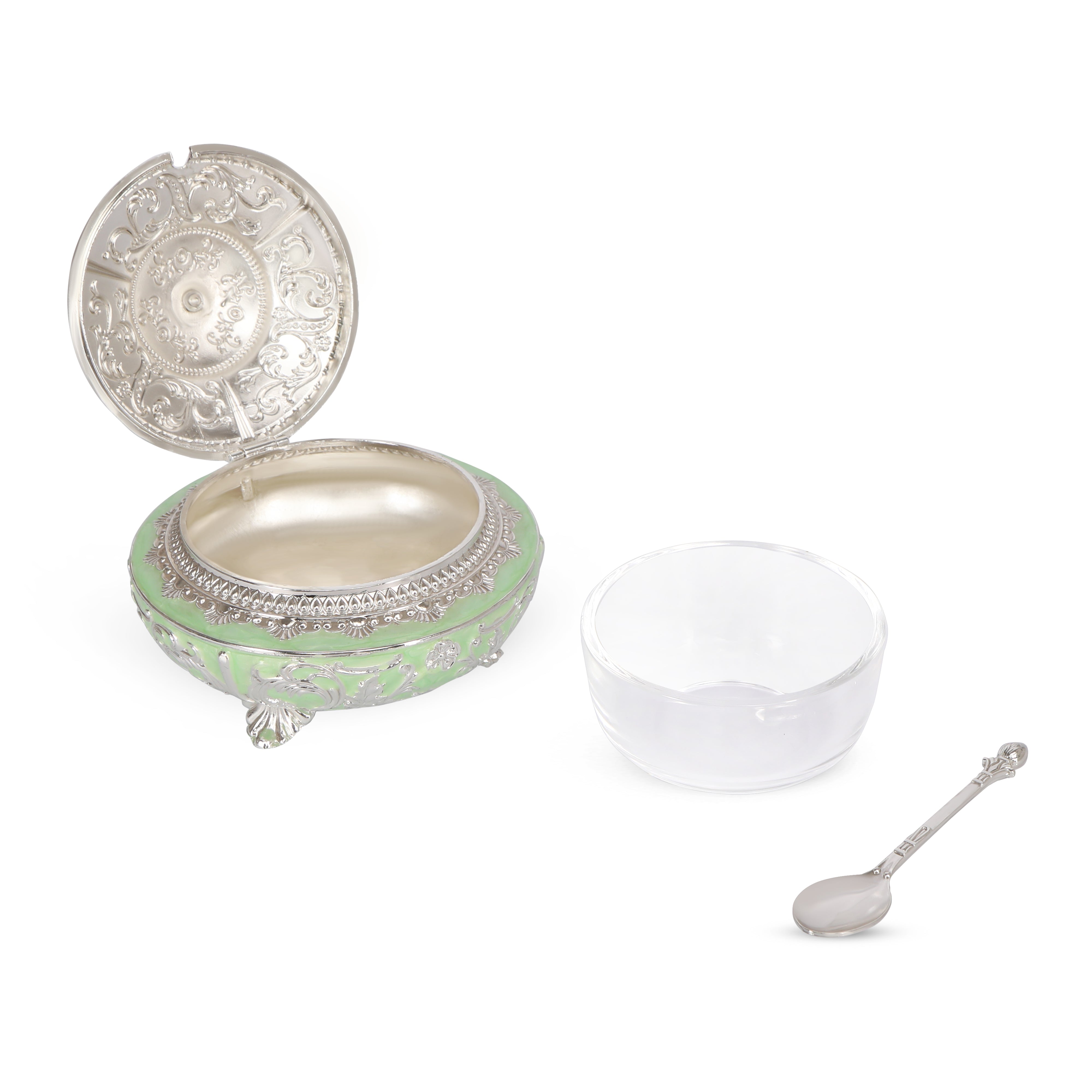 White Metal Green Round Tray With 3 Jars