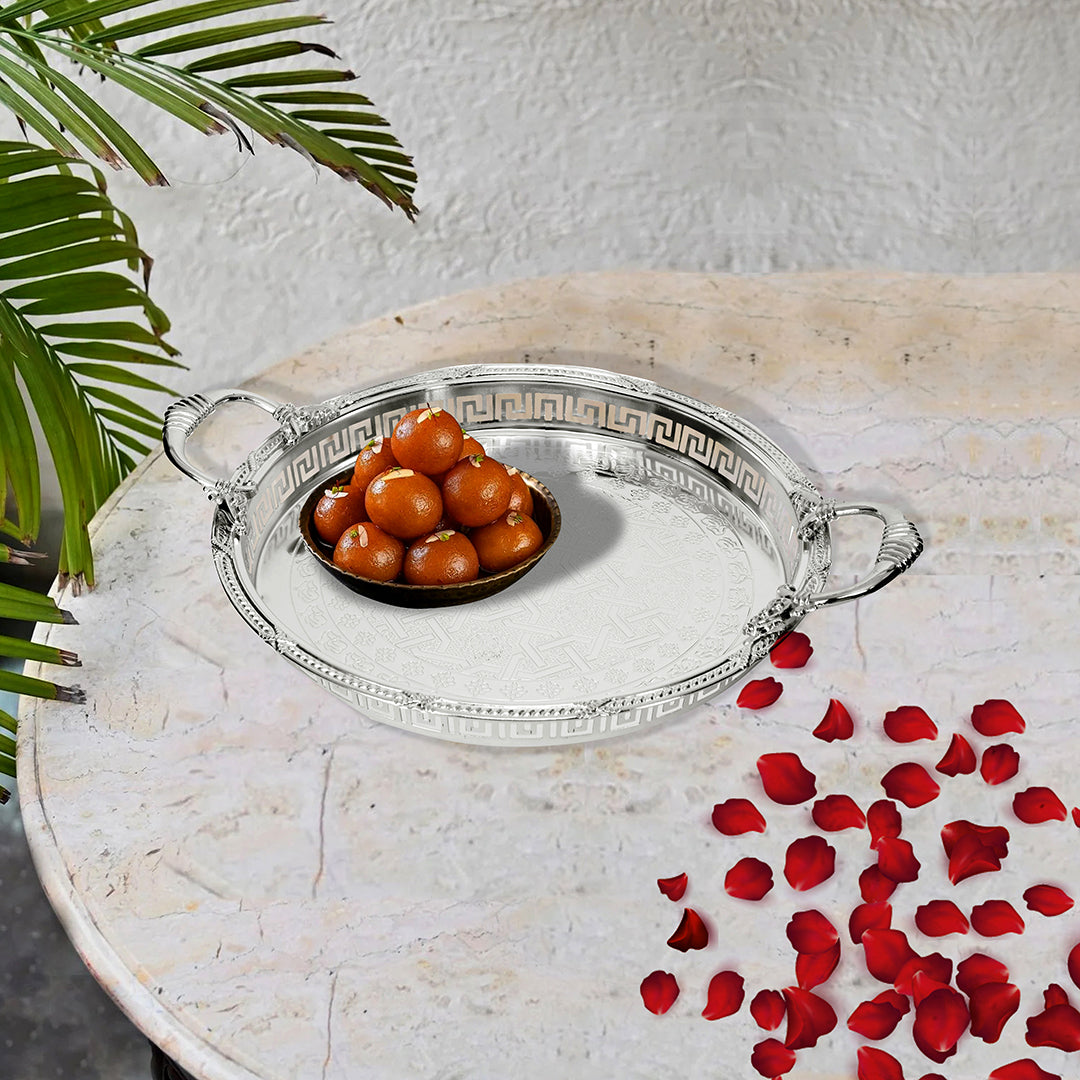 White Metal - Versace Cut Round Tray Or Platter - The Home Co.