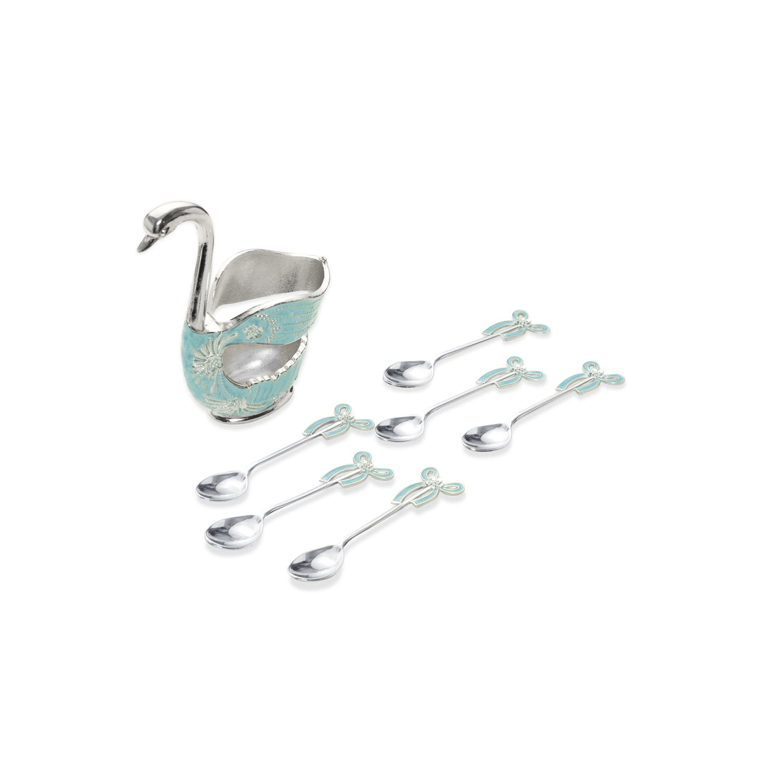 White Metal - Blue Swan Spoon Set of 6 With Stand