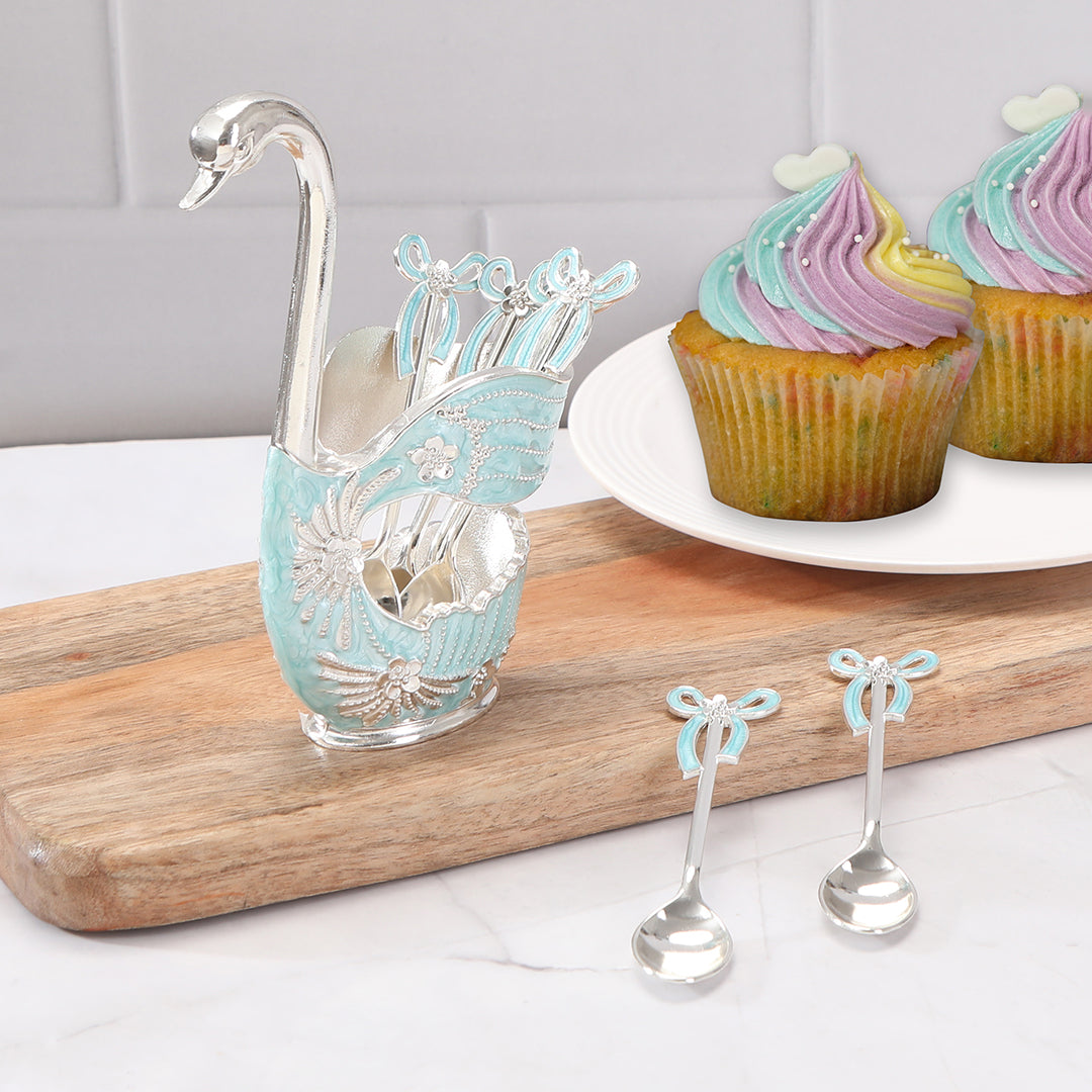 White Metal - Blue Swan Spoon Set of 6 With Stand