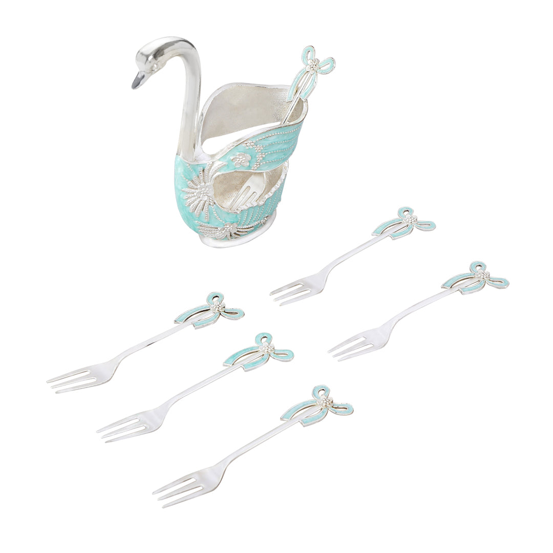 White Metal - Blue Swan Fork Set of 6 With Stand