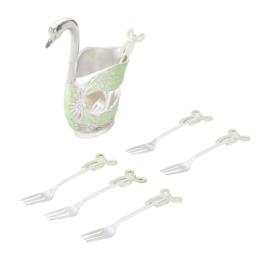 White Metal - Pastel Yellow Swan Fork Set of 6 with Stand
