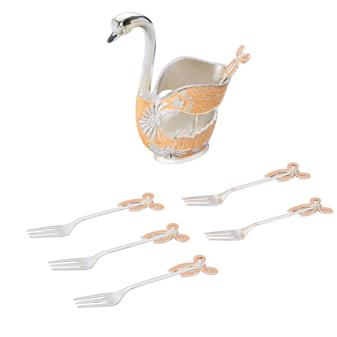 White Metal - Peach Swan Fork Set of 6 With Stand