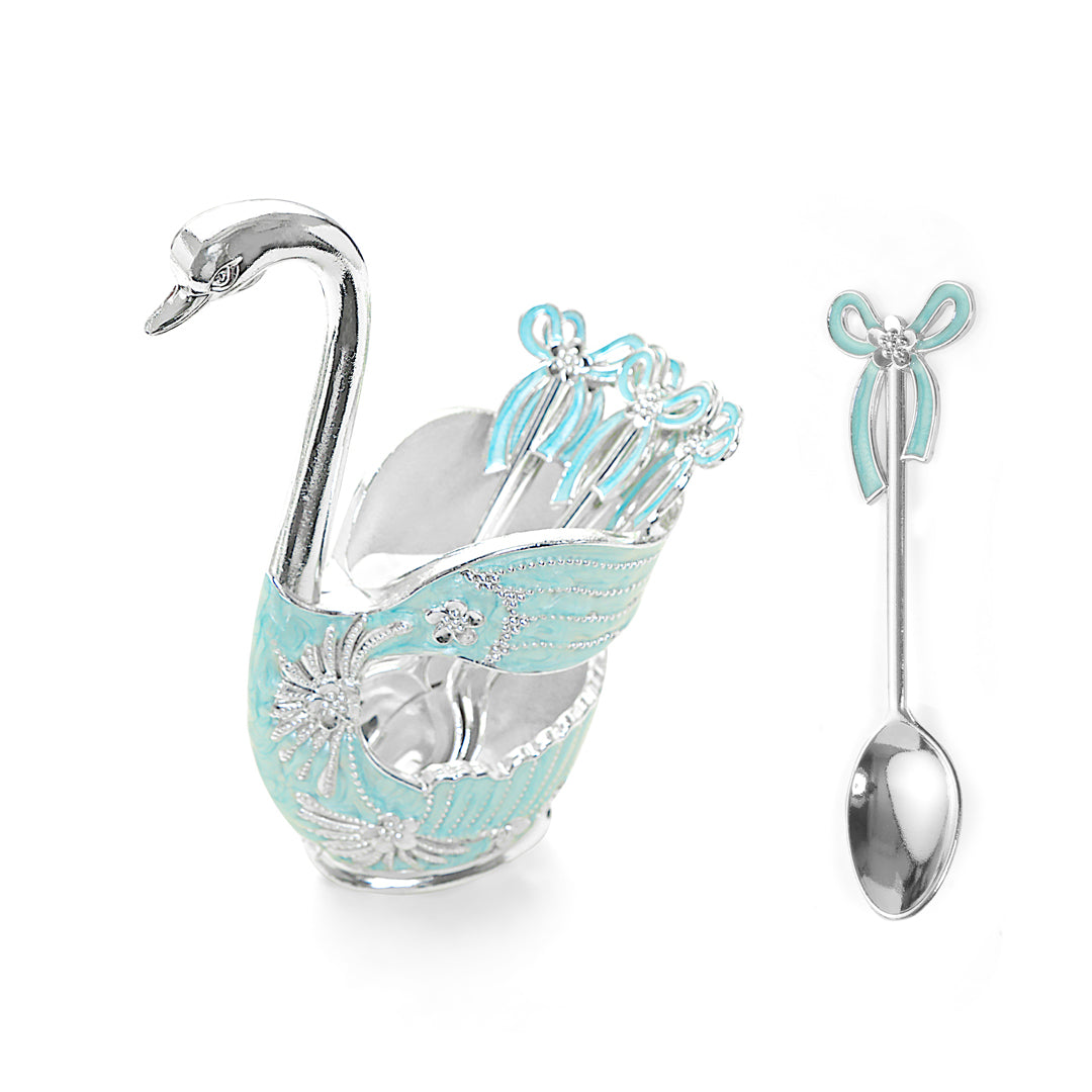 White Metal - Blue Swan Spoon Set of 6 With Stand