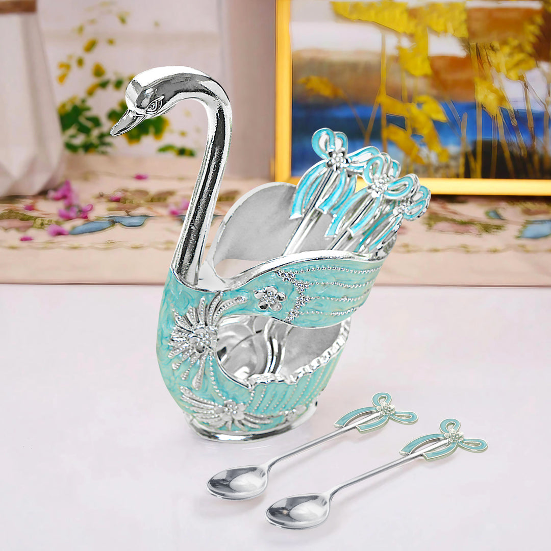 White Metal - Blue Swan Spoon Set of 6 With Stand