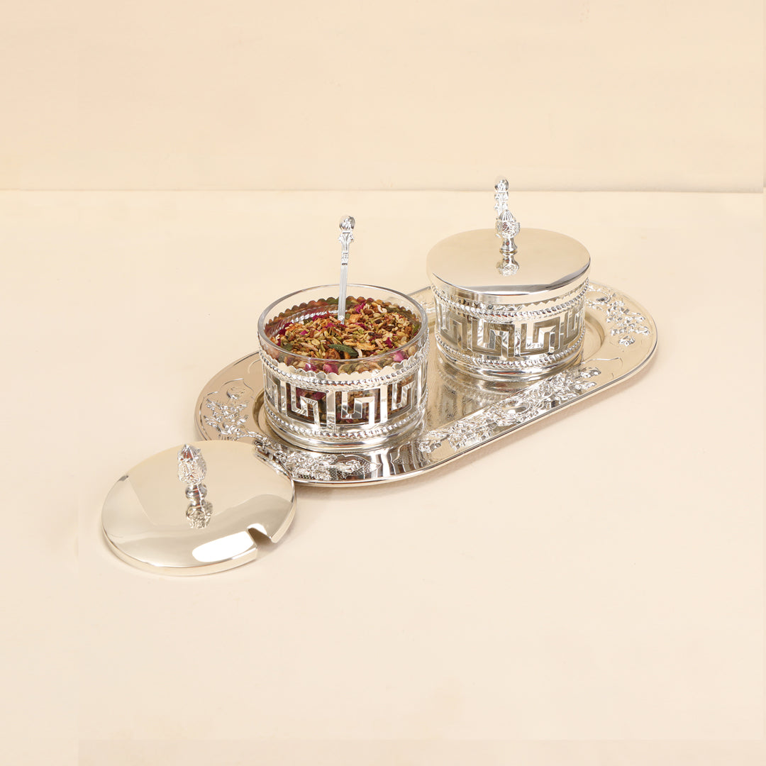 White Metal Oval Tray With 2 Jars - Dry Fruit Jar - The Home Co.