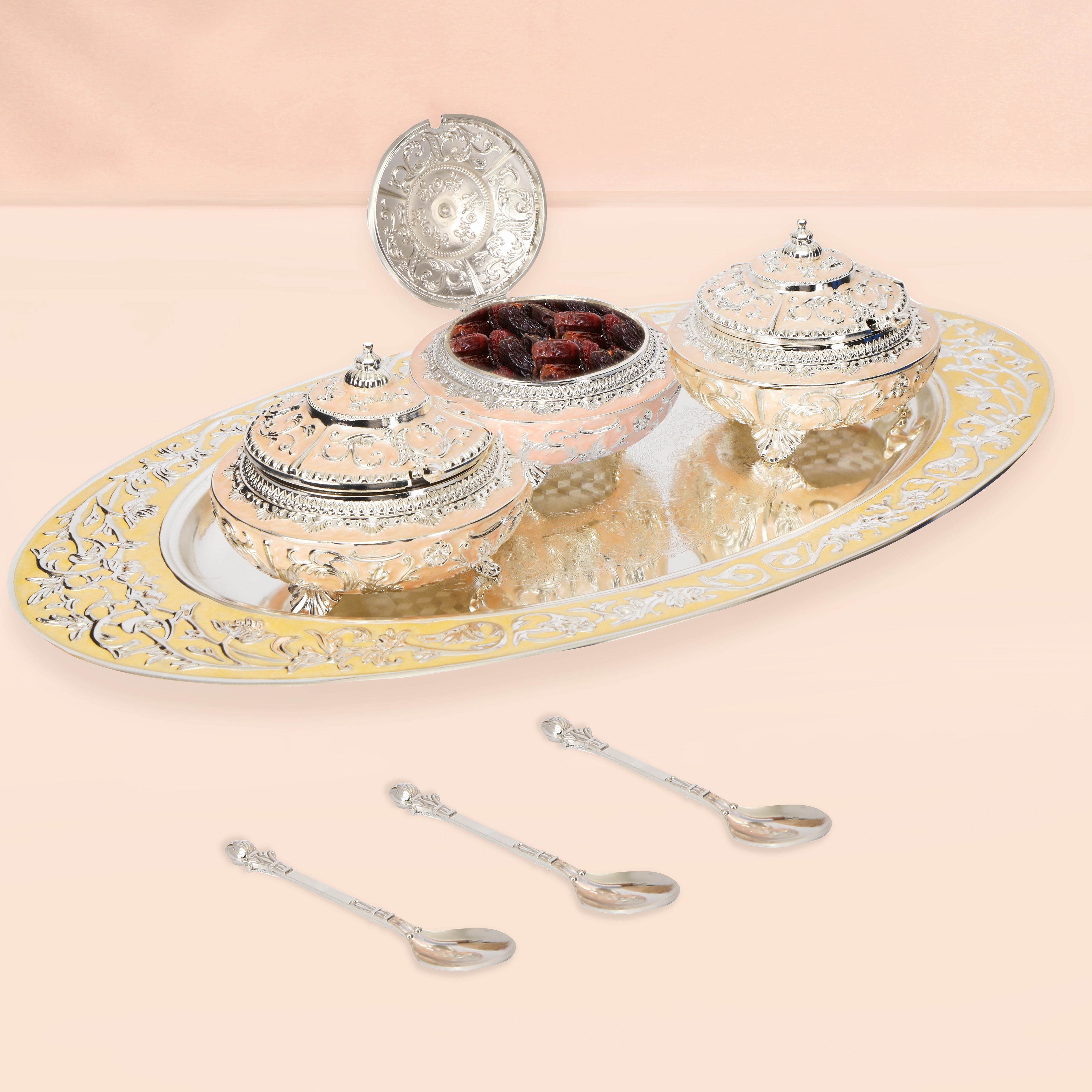 Tray Set - Oval Tray With 3 Jar Set - Peach