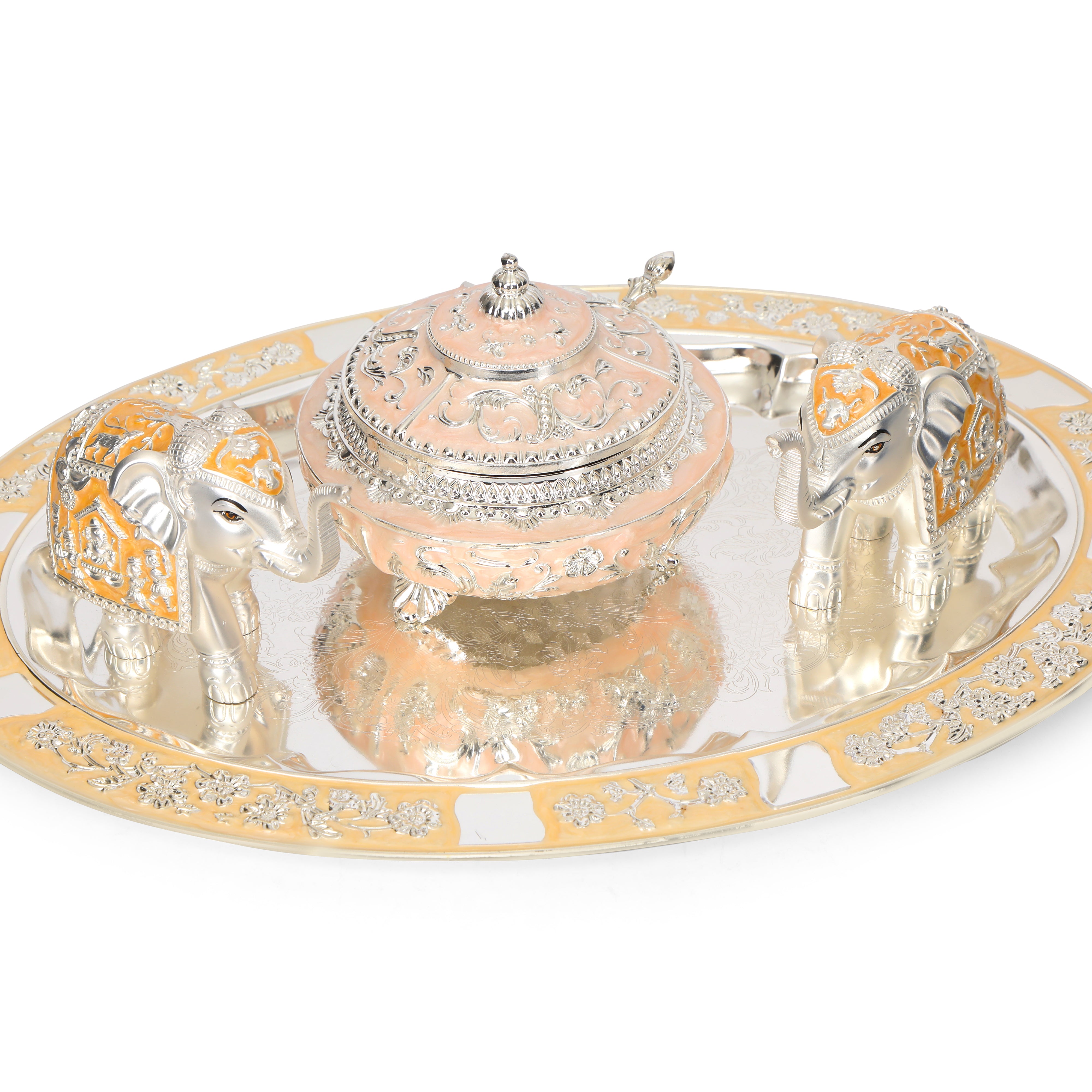 White Metal Tray With 2 Pastel Yellow Elephant & 1 Jar Set