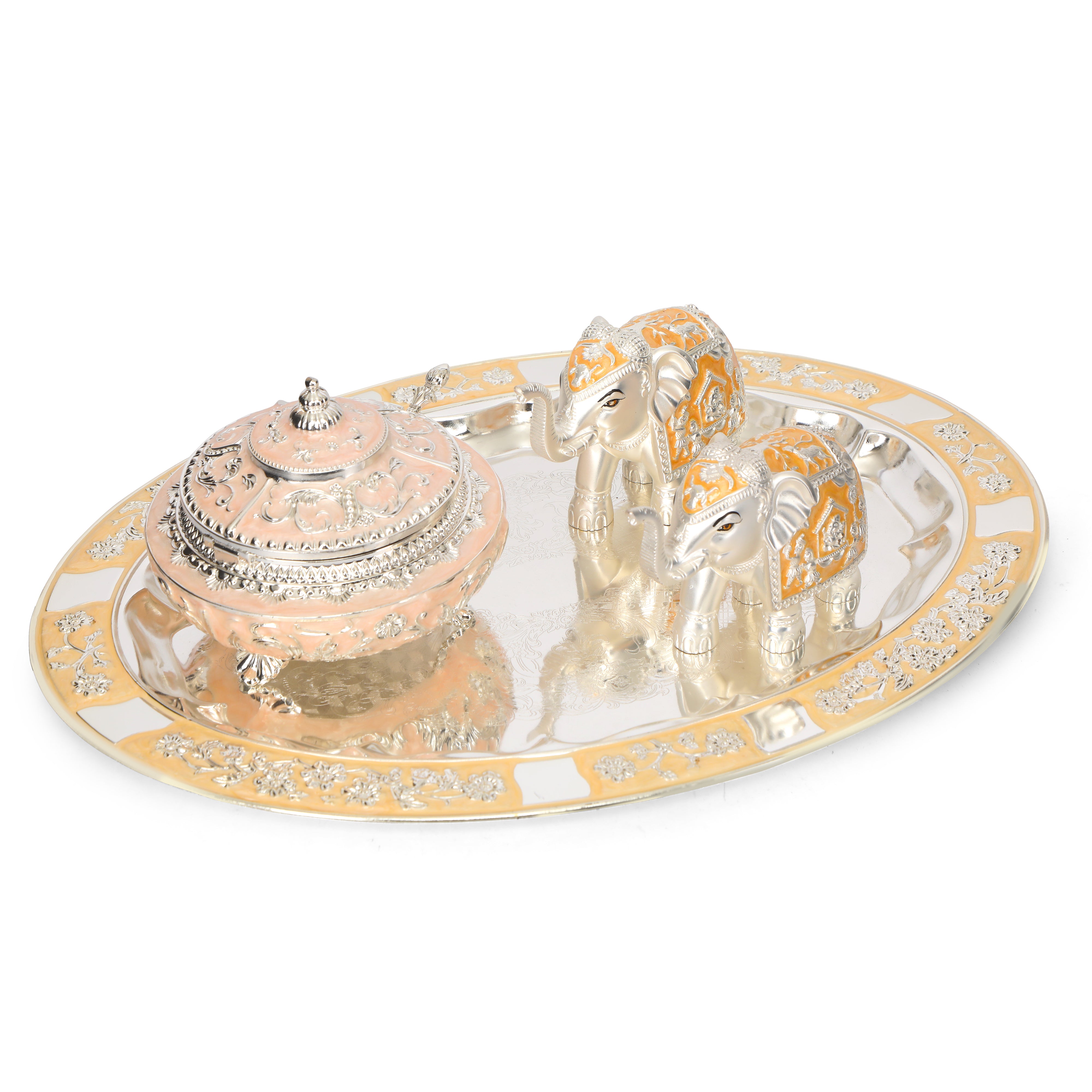 White Metal Tray With 2 Pastel Yellow Elephant & 1 Jar Set
