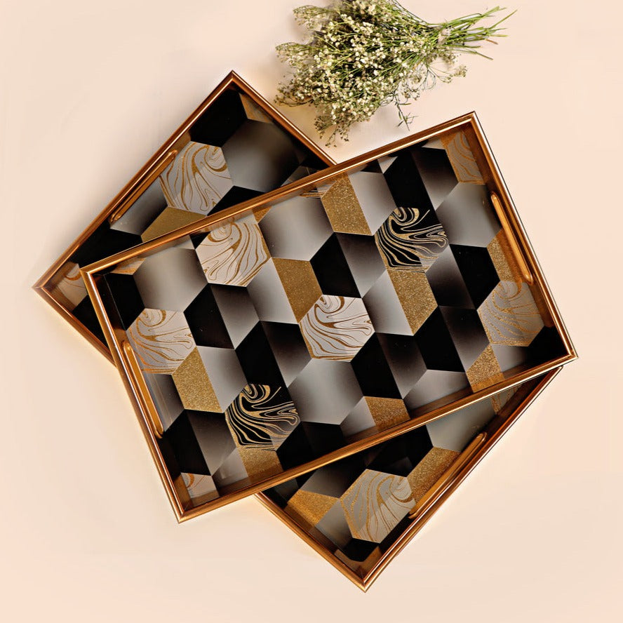 Rectangle Glass Tray Set Of 2 - Black Mosaic