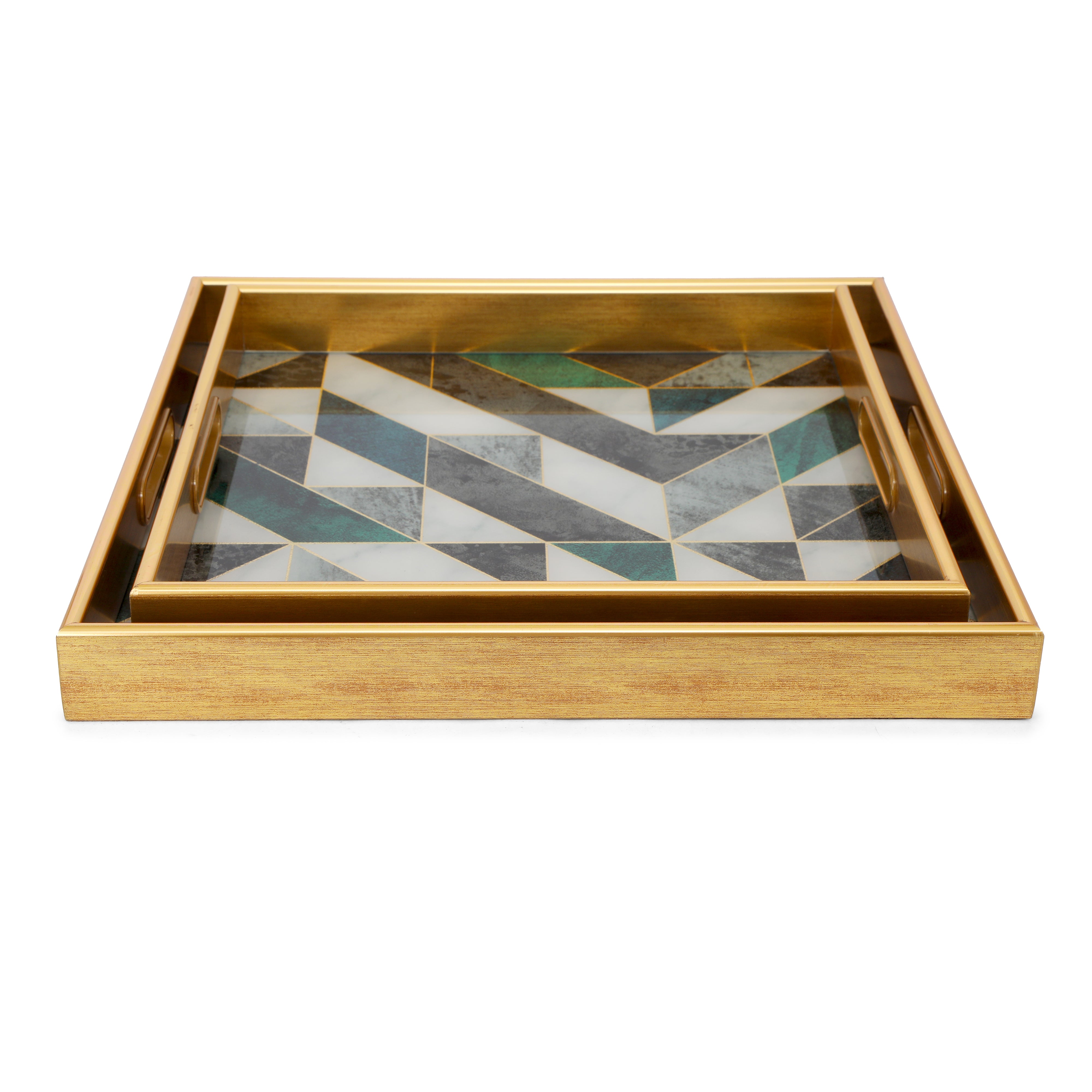 Square Glass Tray Set Of 2 - Green Triangle