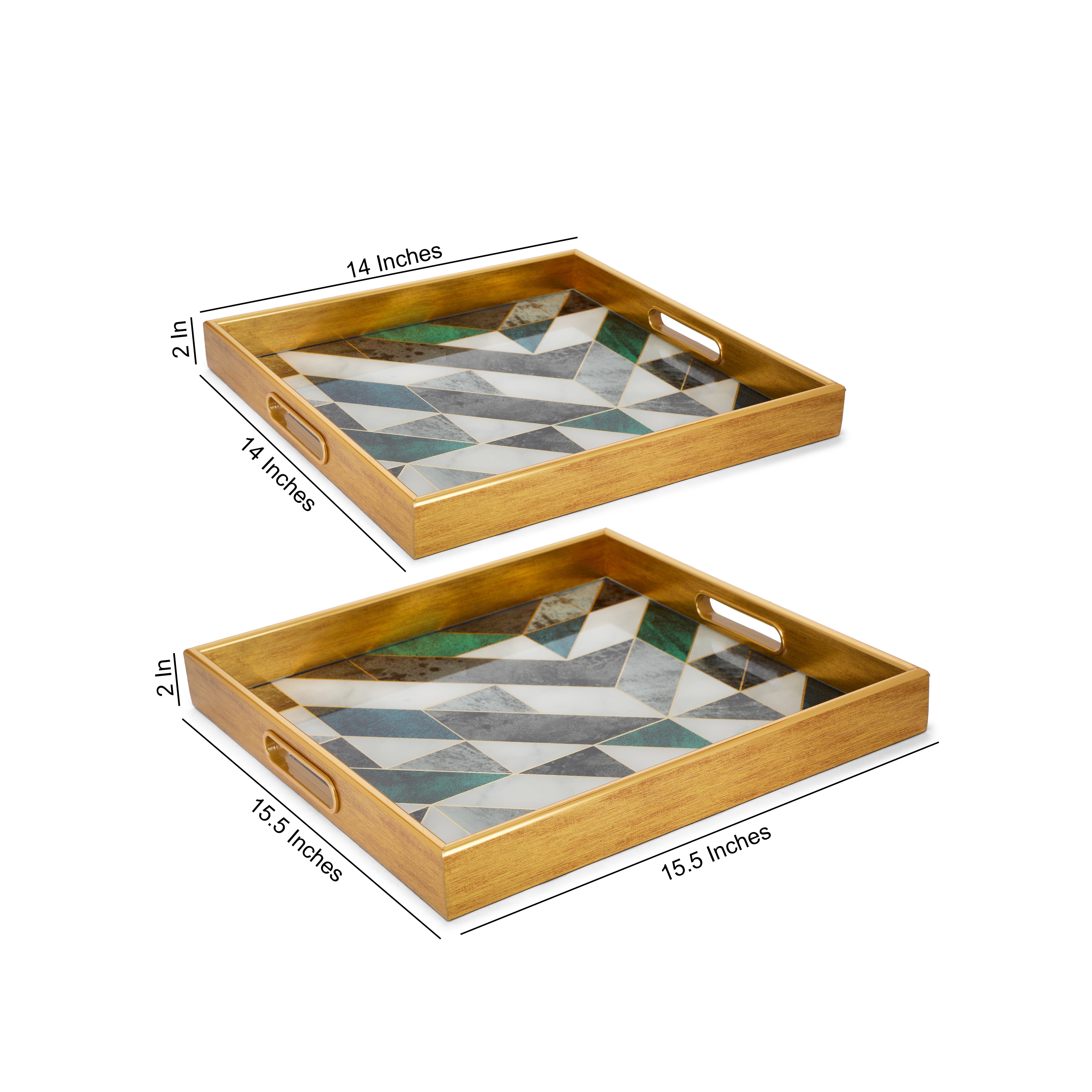 Square Glass Tray Set Of 2 - Green Triangle