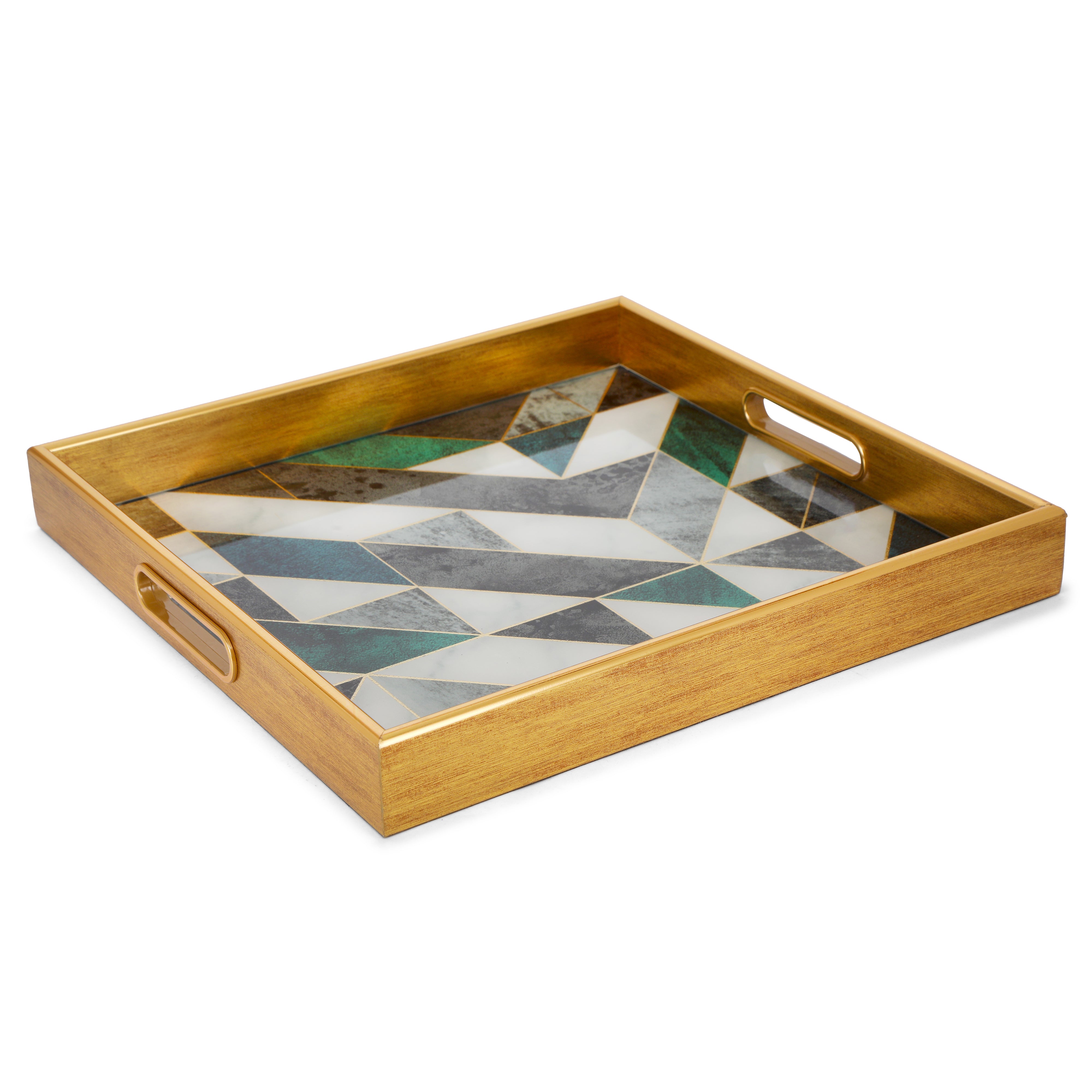 Square Glass Tray Set Of 2 - Green Triangle