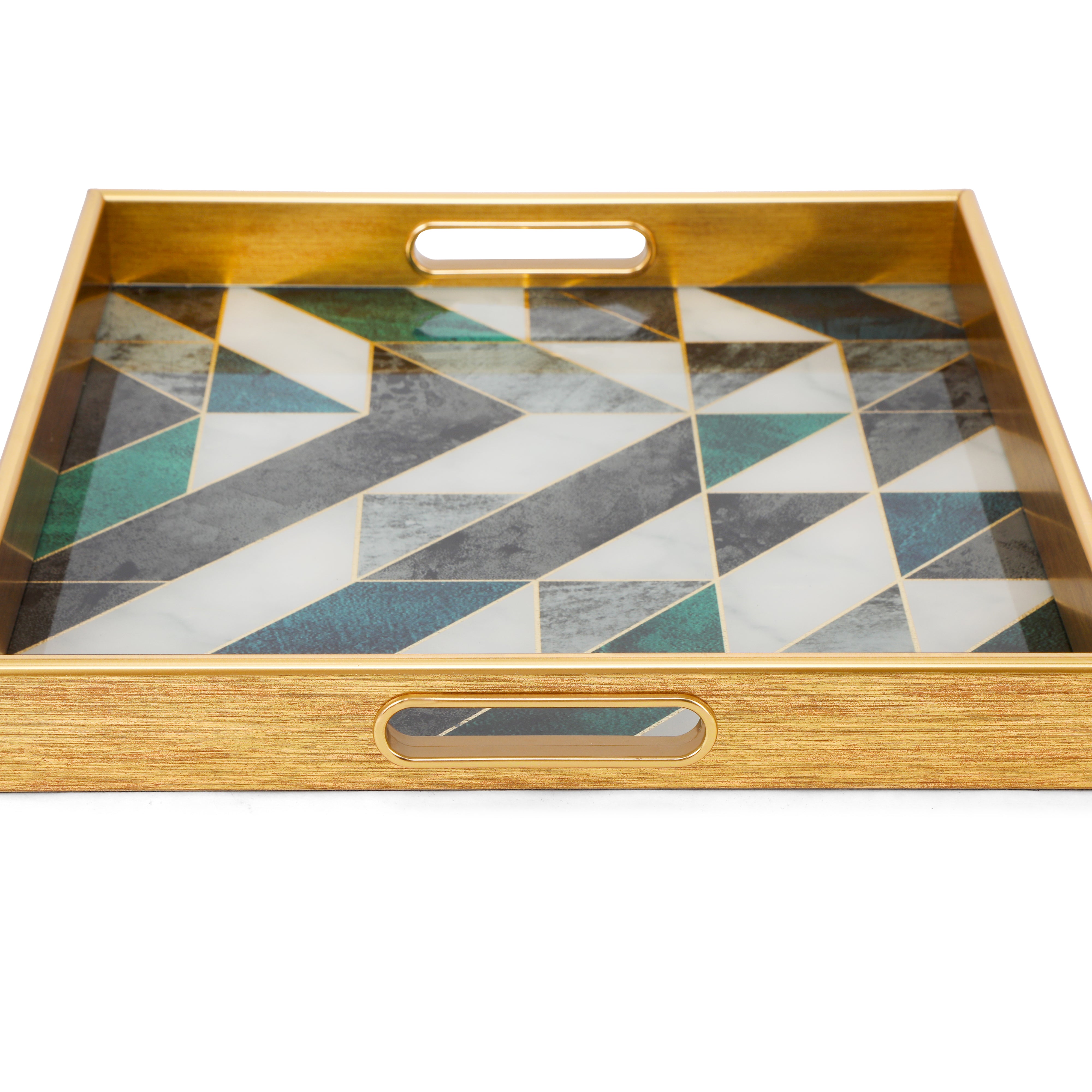 Square Glass Tray Set Of 2 - Green Triangle