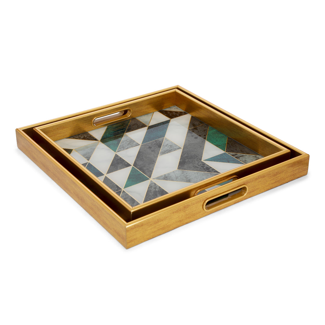 Square Glass Tray Set Of 2 - Green Triangle