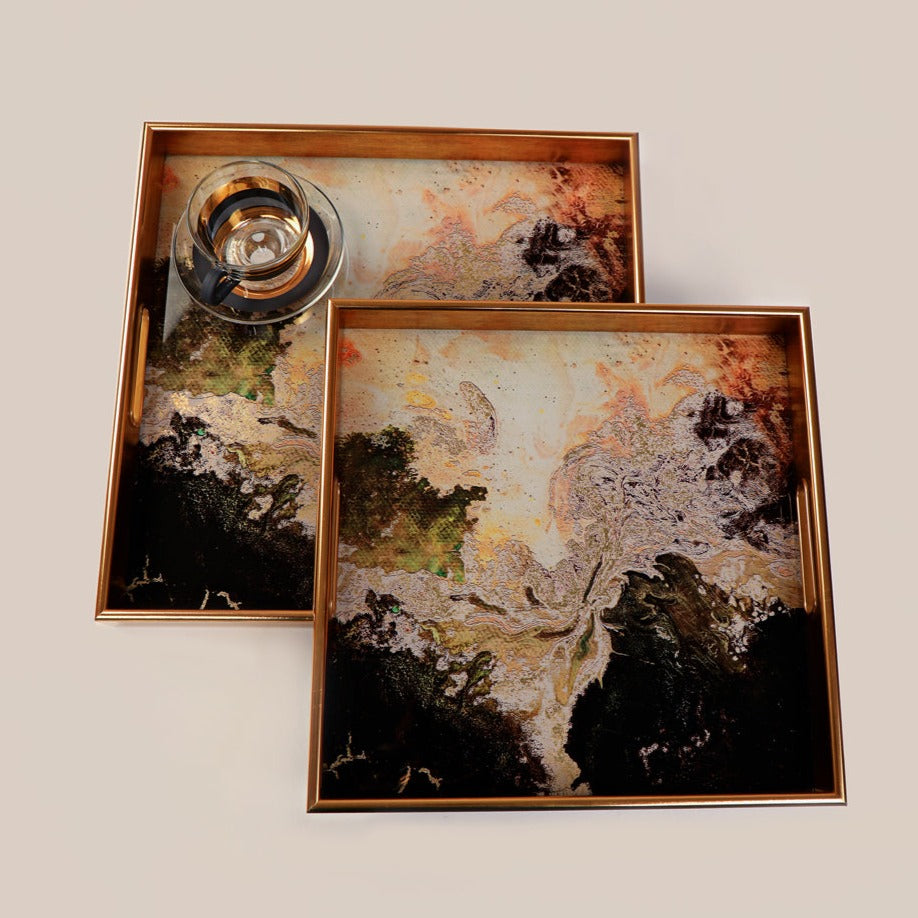 Square Glass Tray Set Of 2 - Marble