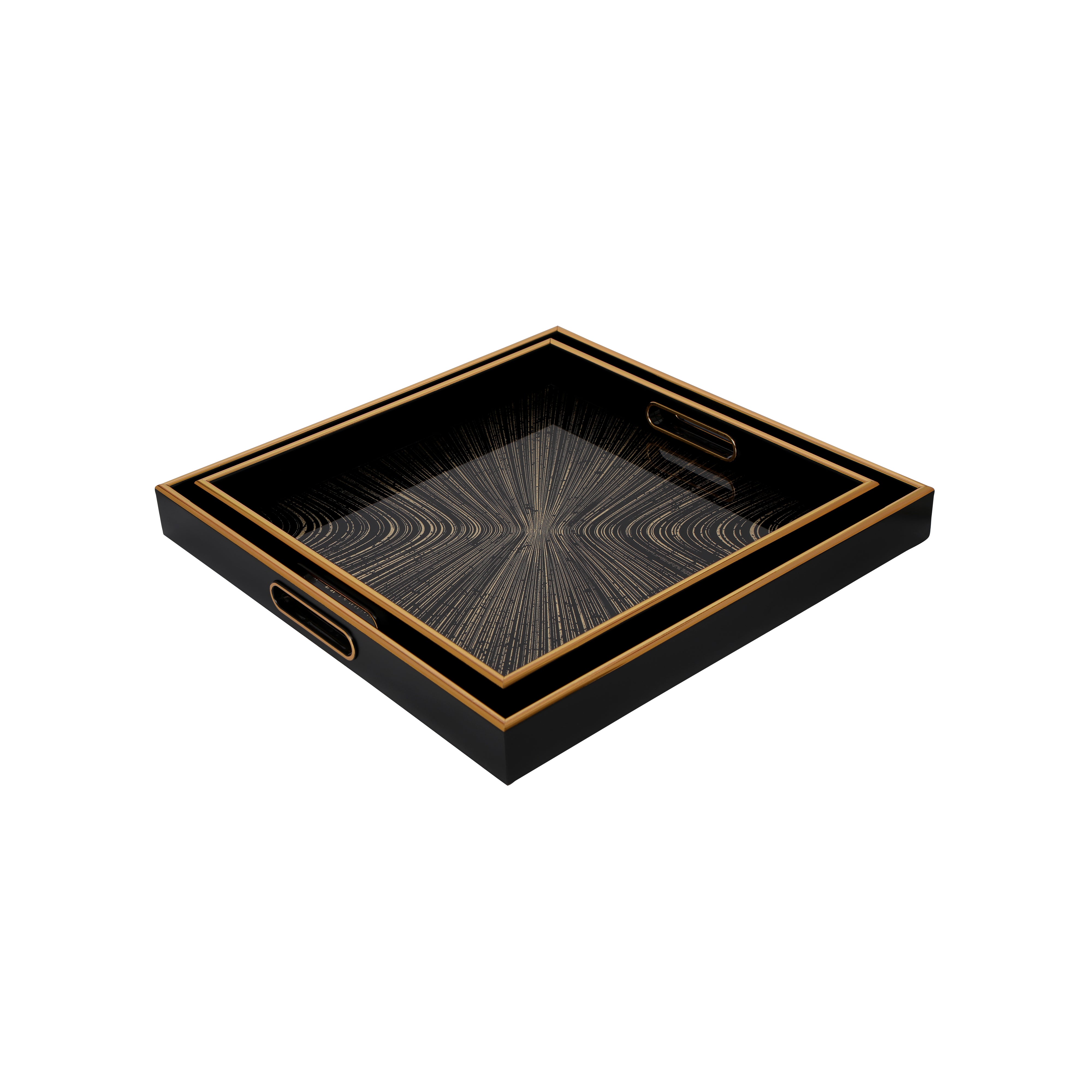 Square Glass Mirror Tray Set Of 2 - Black Line