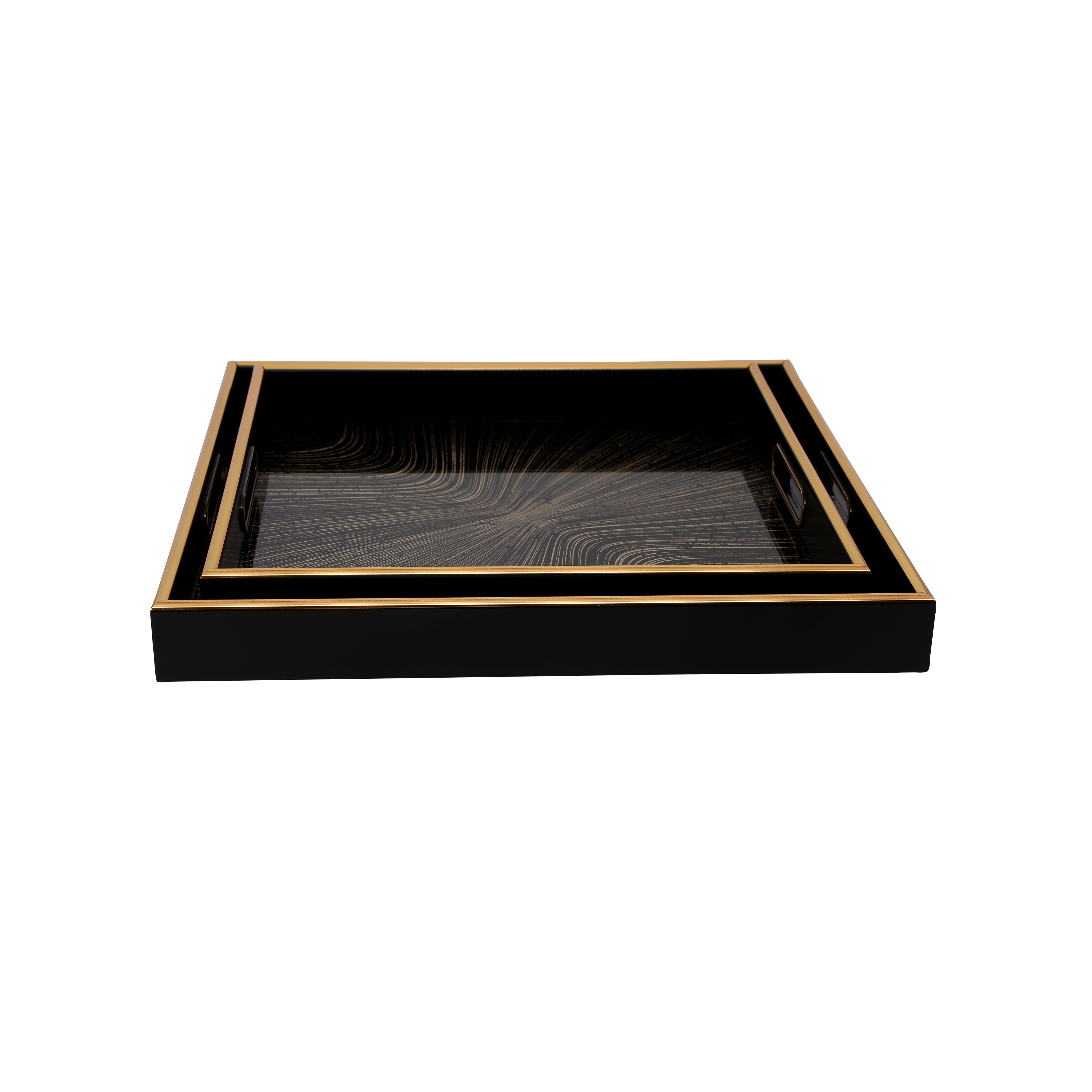 Square Glass Mirror Tray Set Of 2 - Black Line