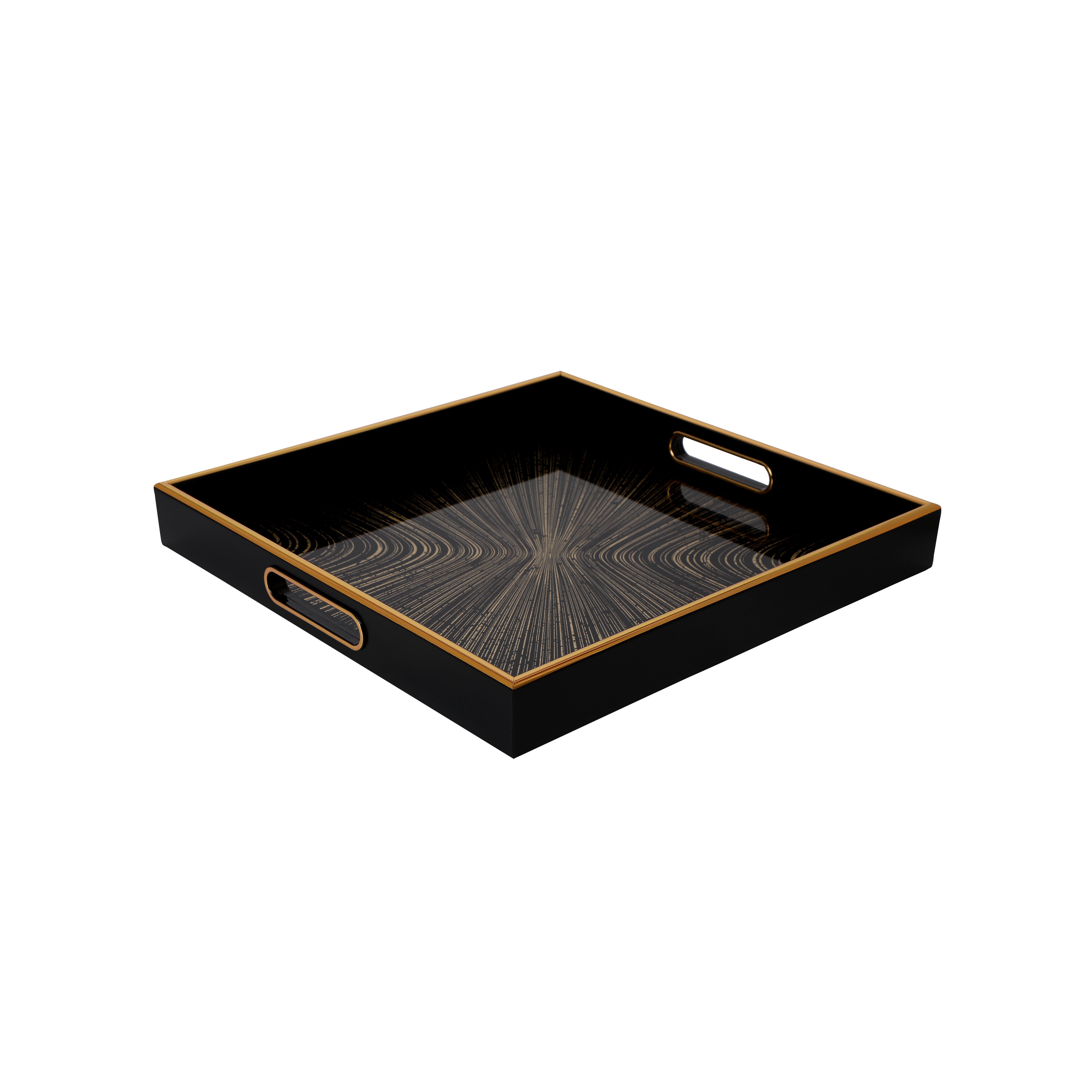 Square Glass Mirror Tray Set Of 2 - Black Line