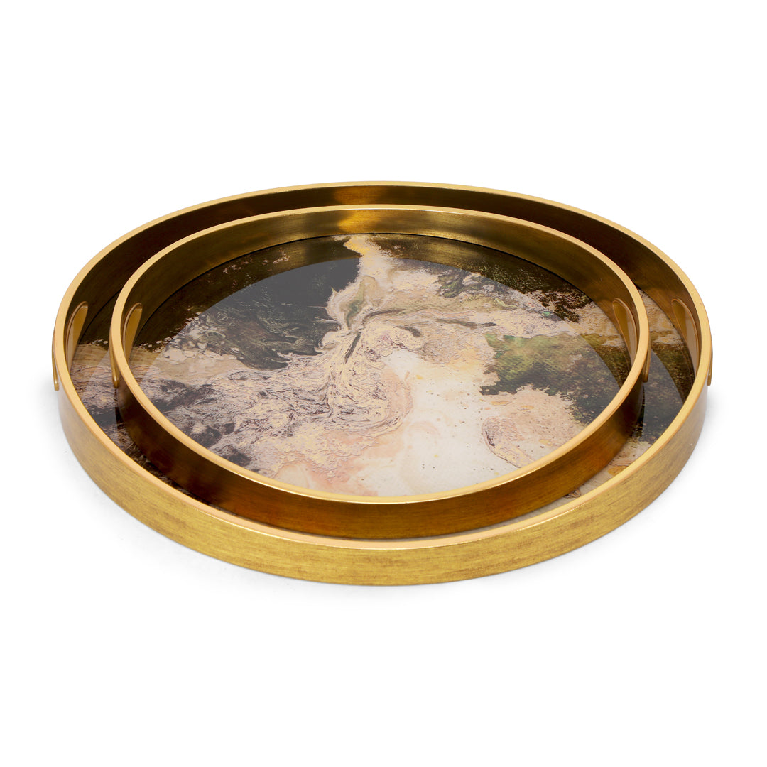 Round Glass Mirror Tray Set Of 2 - Marble