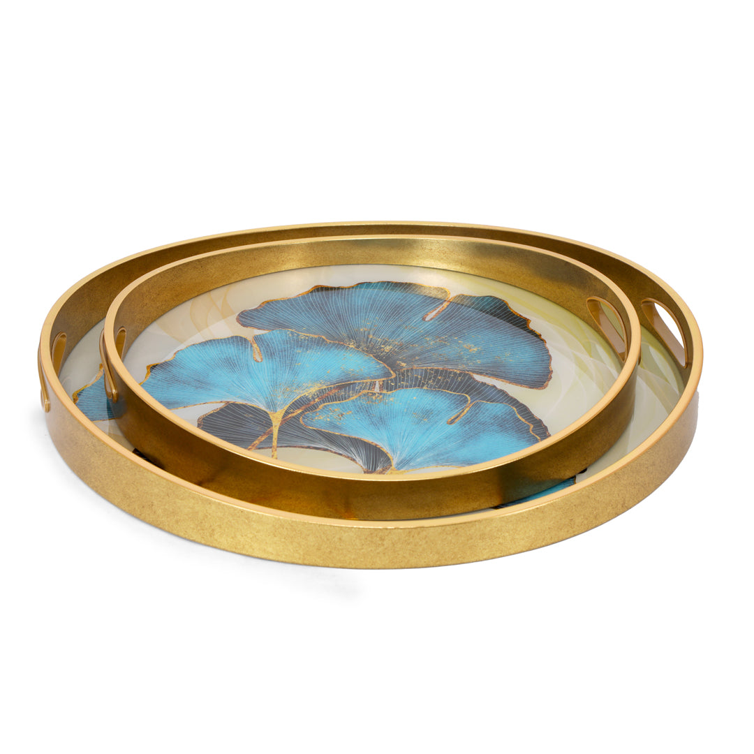 Round Glass Tray Set Of 2 - Blue Flower