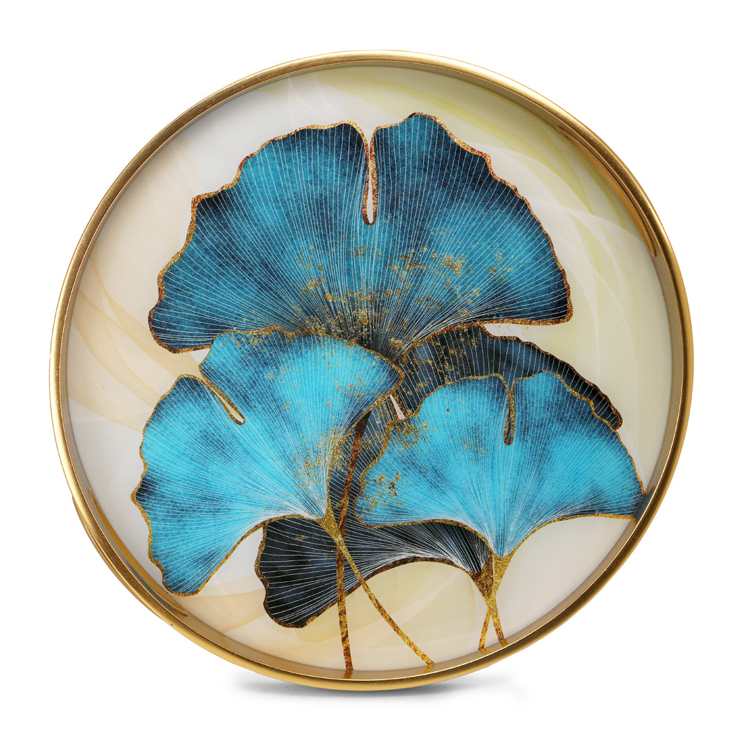 Round Glass Tray Set Of 2 - Blue Flower