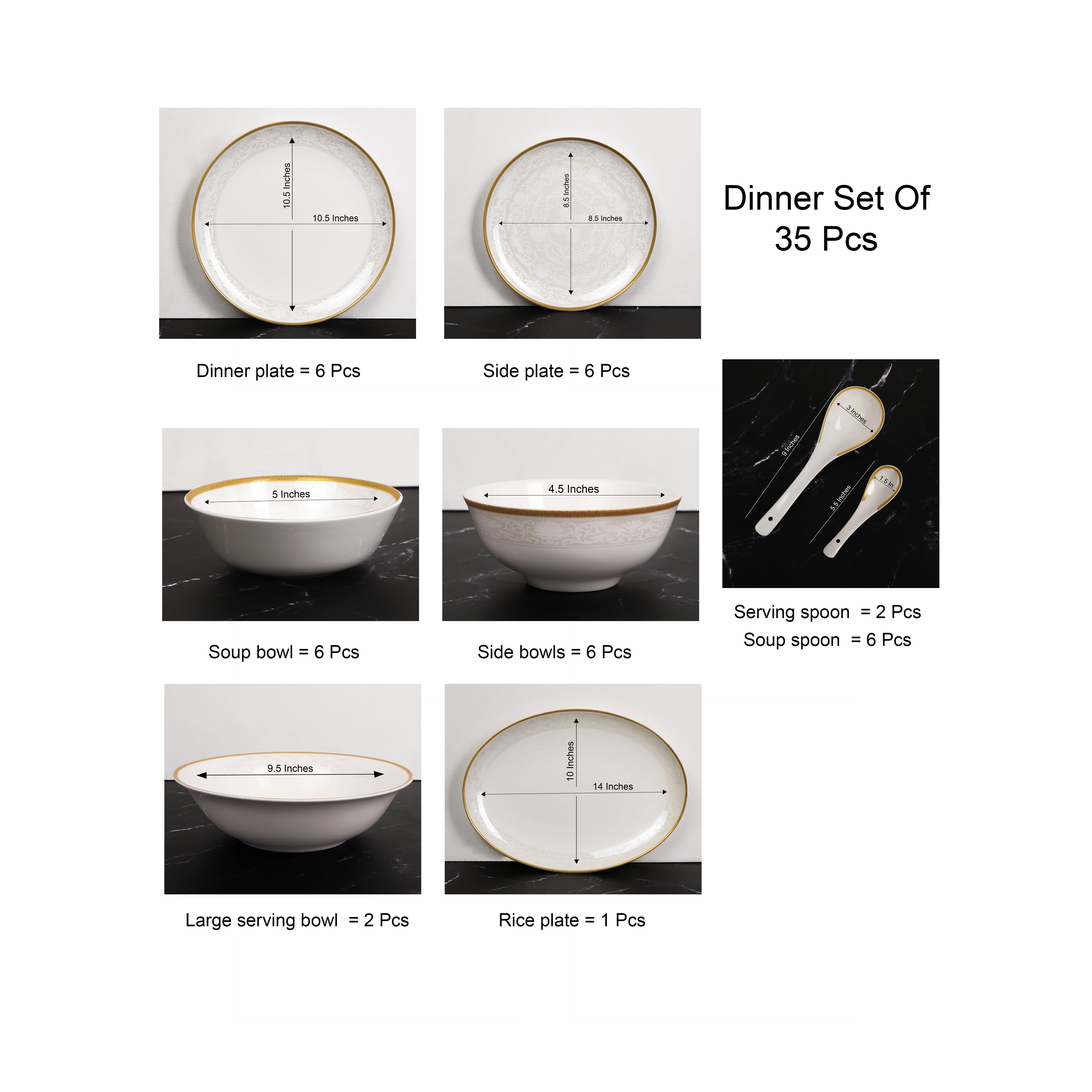 Dinner Set Of 35 Pcs - White Porcelain With Gold Plated