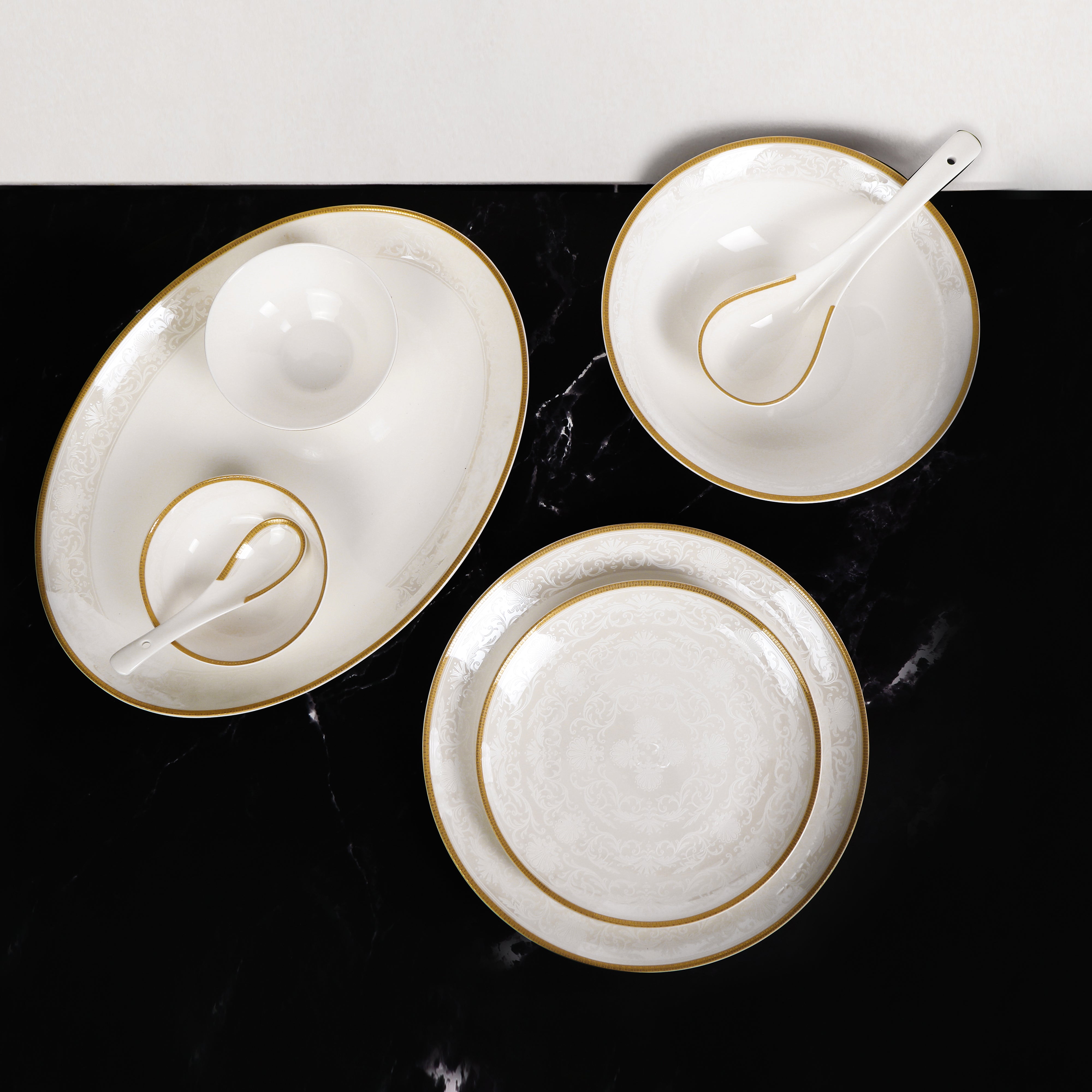 Dinner Set Of 35 Pcs - White Porcelain With Gold Plated