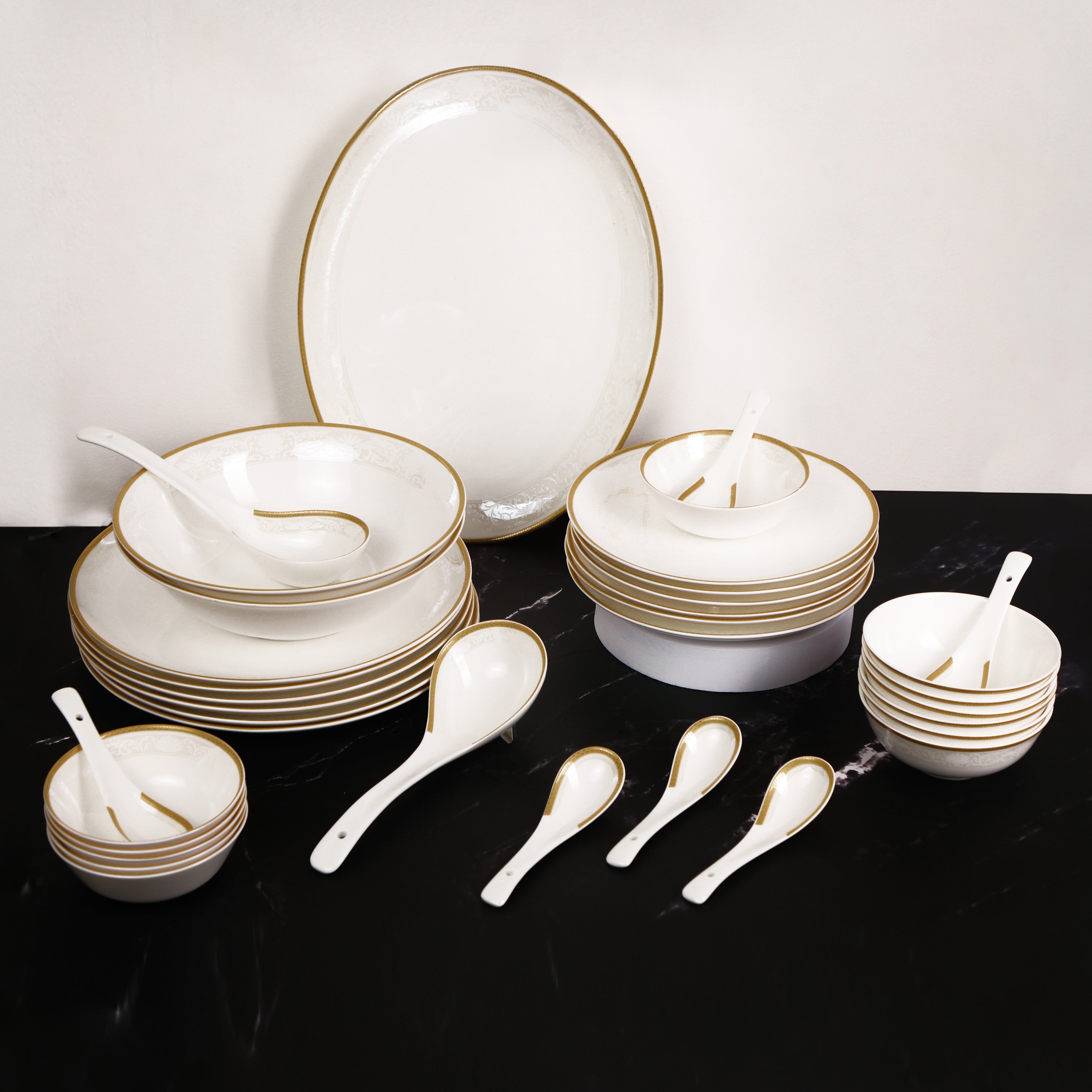 Dinner Set Of 35 Pcs - White Porcelain With Gold Plated