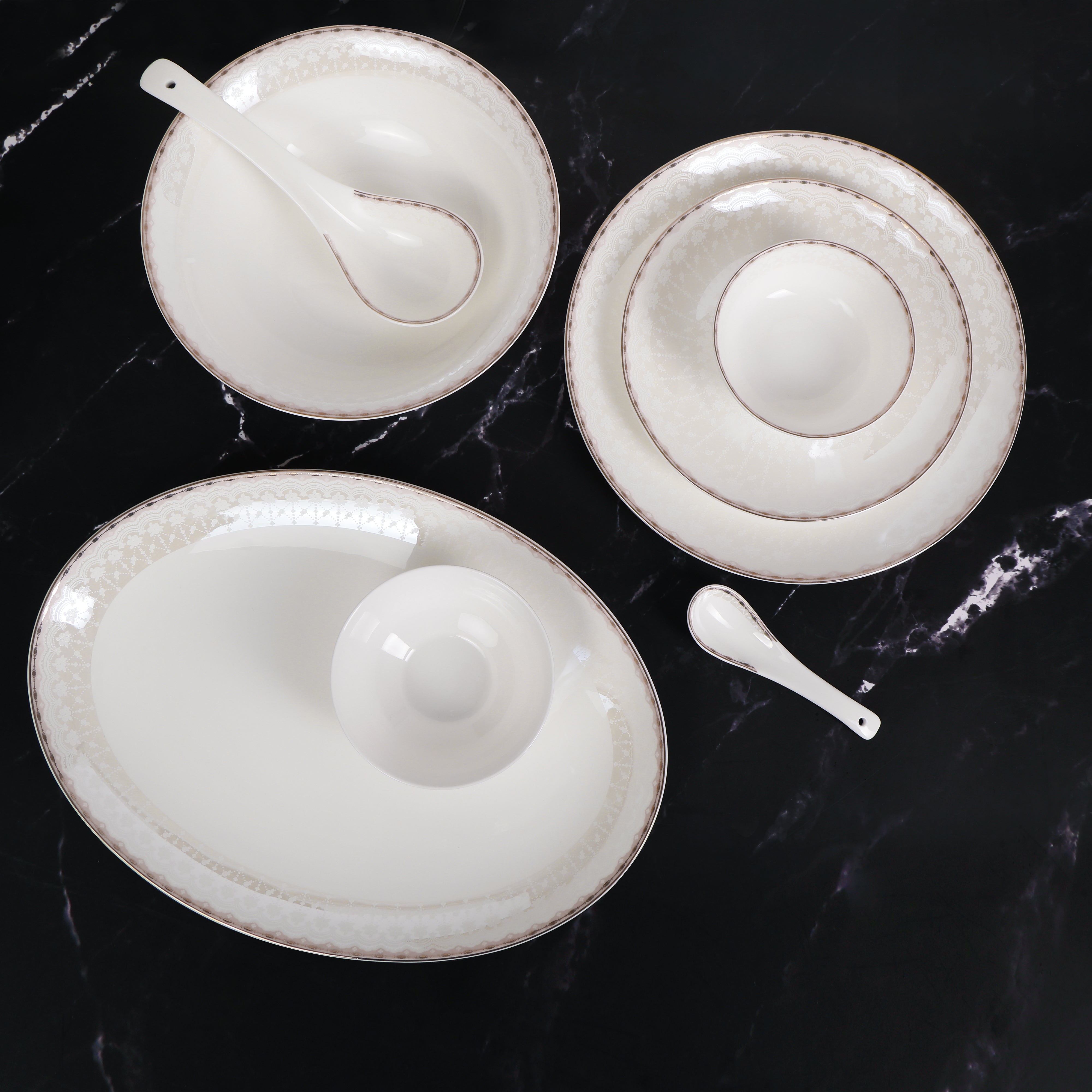 Dinner Set Of 35 Pcs - White Porcelain With Pink Durle Gold Plated