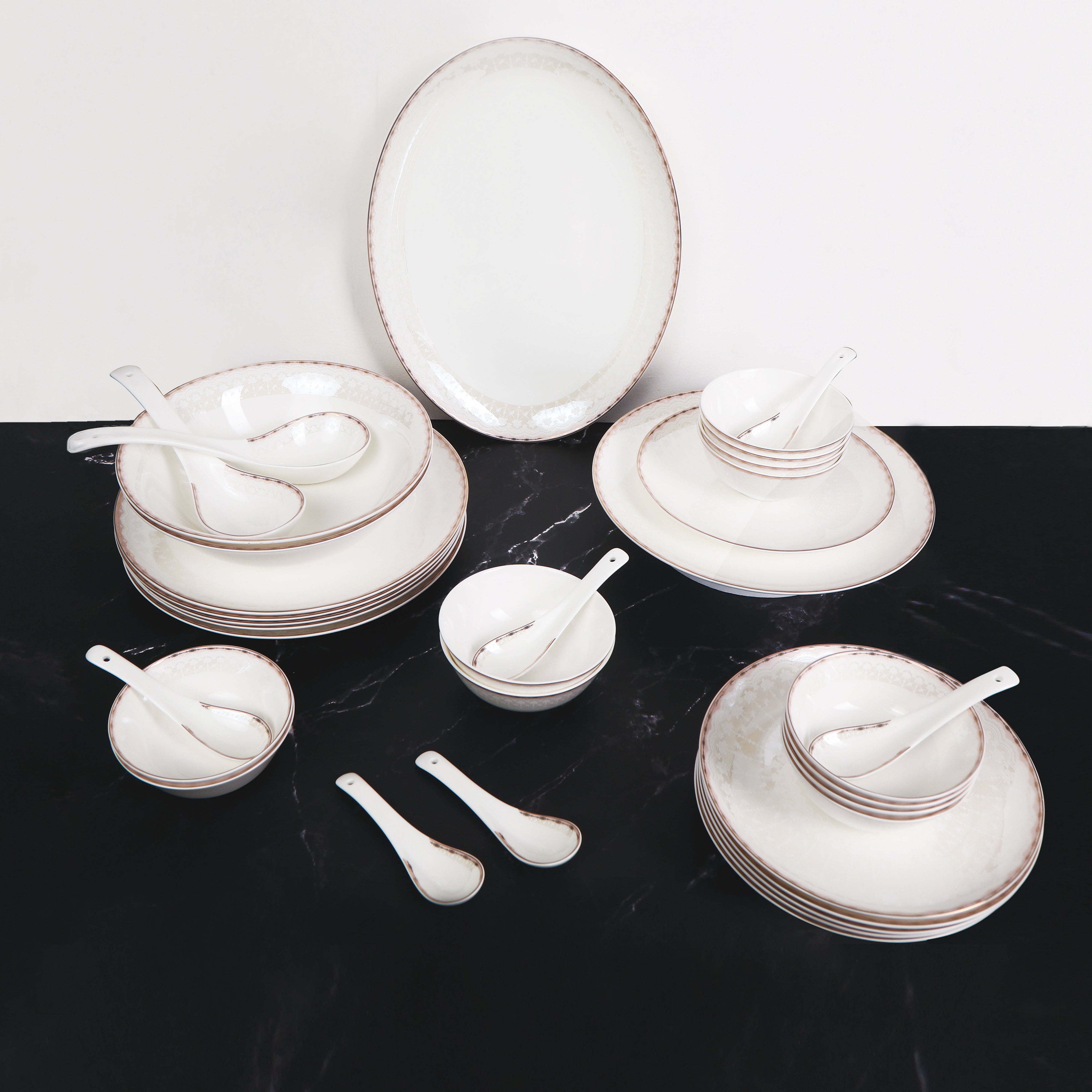 Dinner Set Of 35 Pcs - White Porcelain With Pink Durle Gold Plated