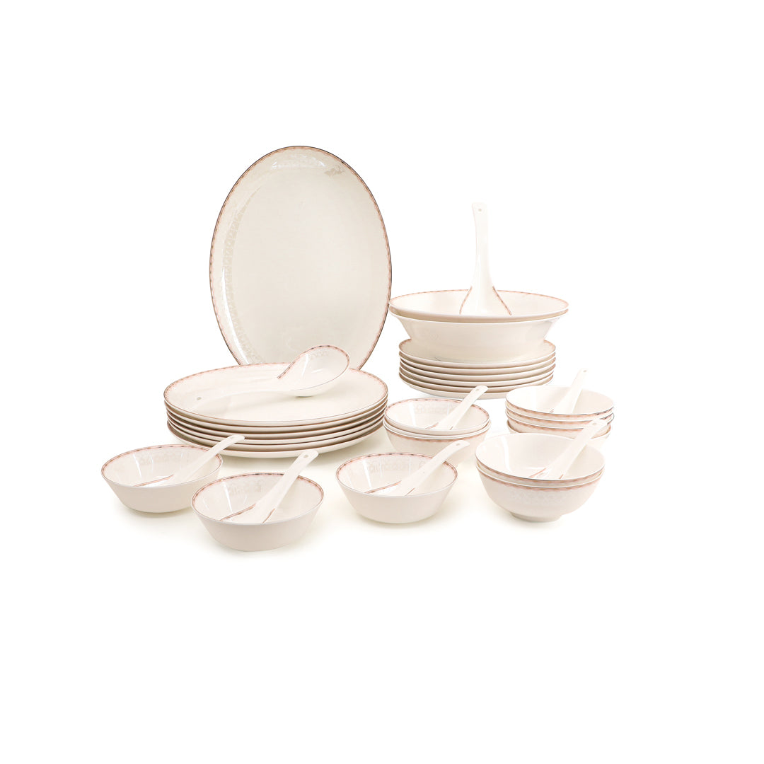 THE HOME CO. Dinner Set Of 35 Pcs - White Porcelain With Pink Durle Gold Plated_4