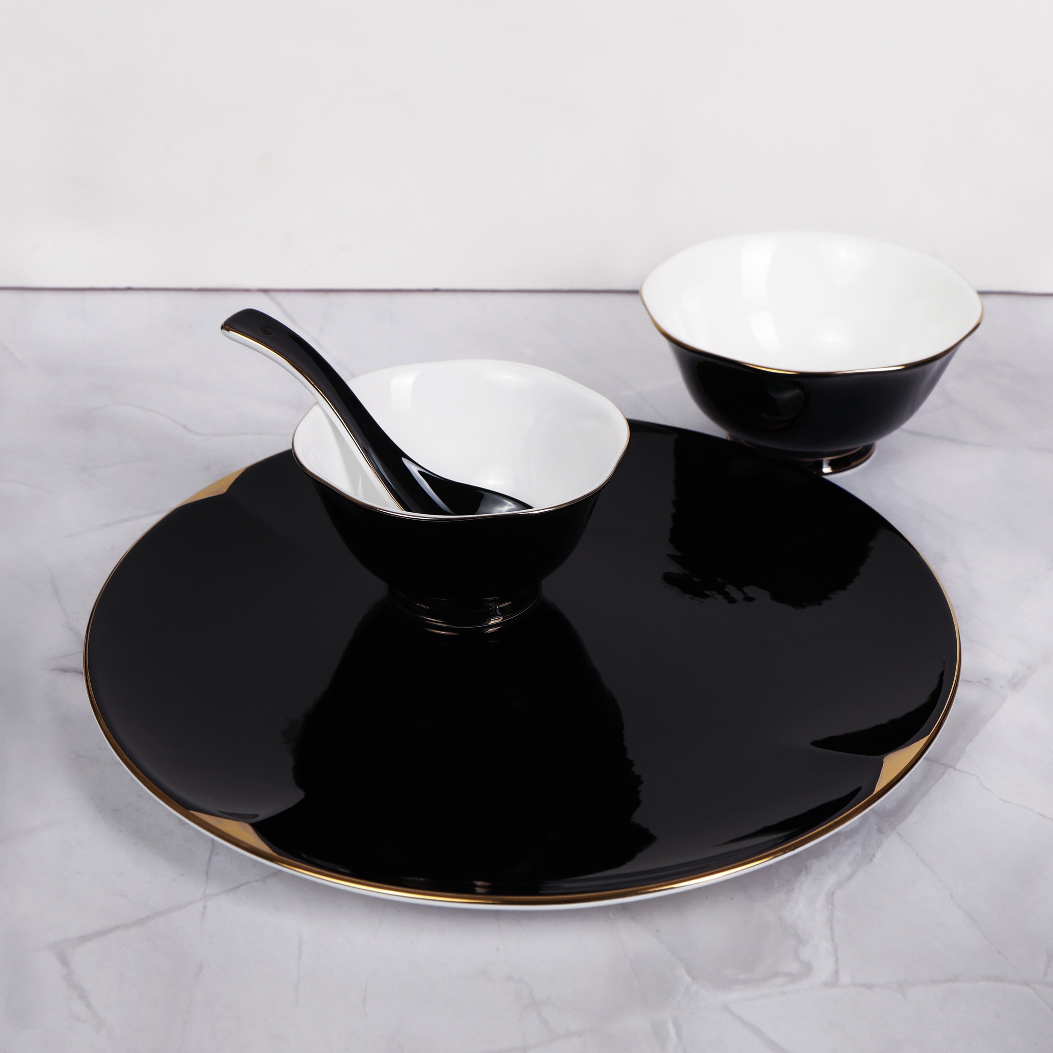 Dinner Set Of 41 Pcs - Black Porcelain With Gold Plated