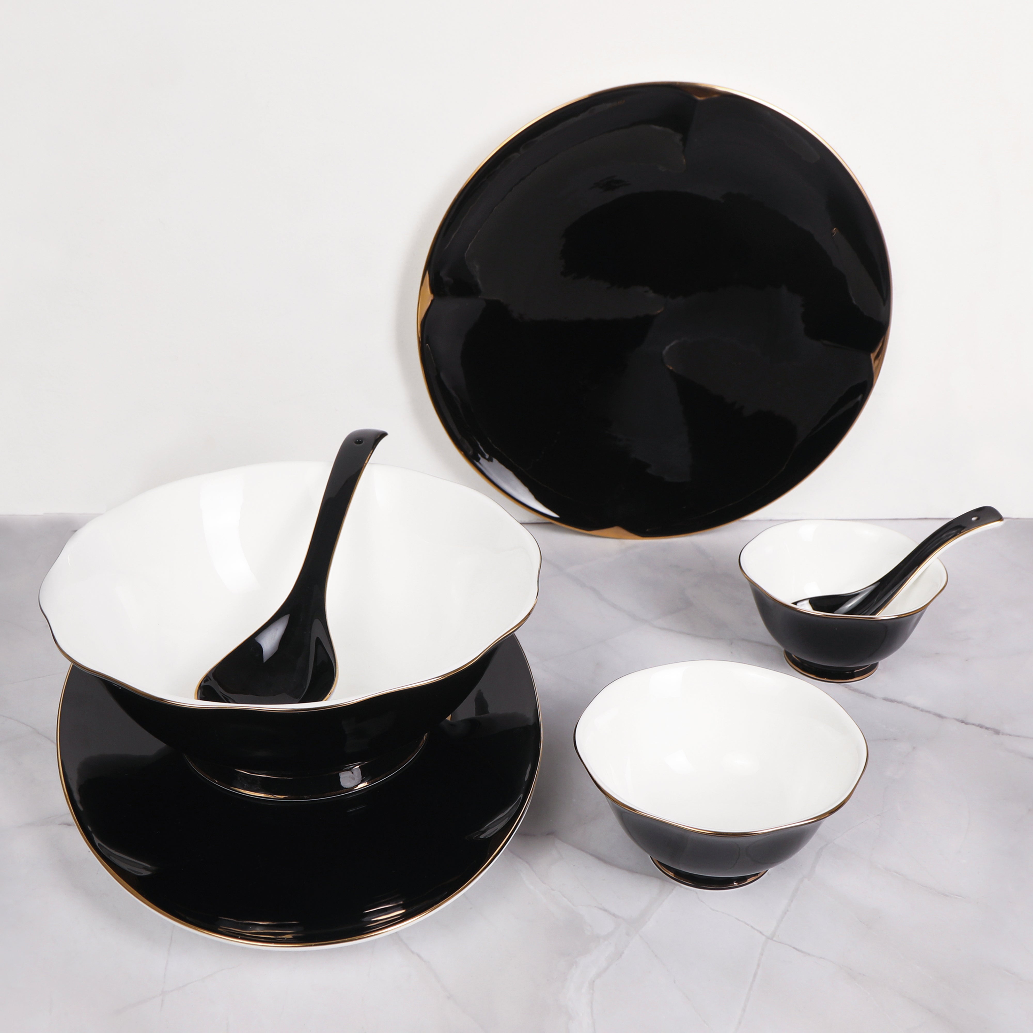 Dinner Set Of 41 Pcs - Black Porcelain With Gold Plated