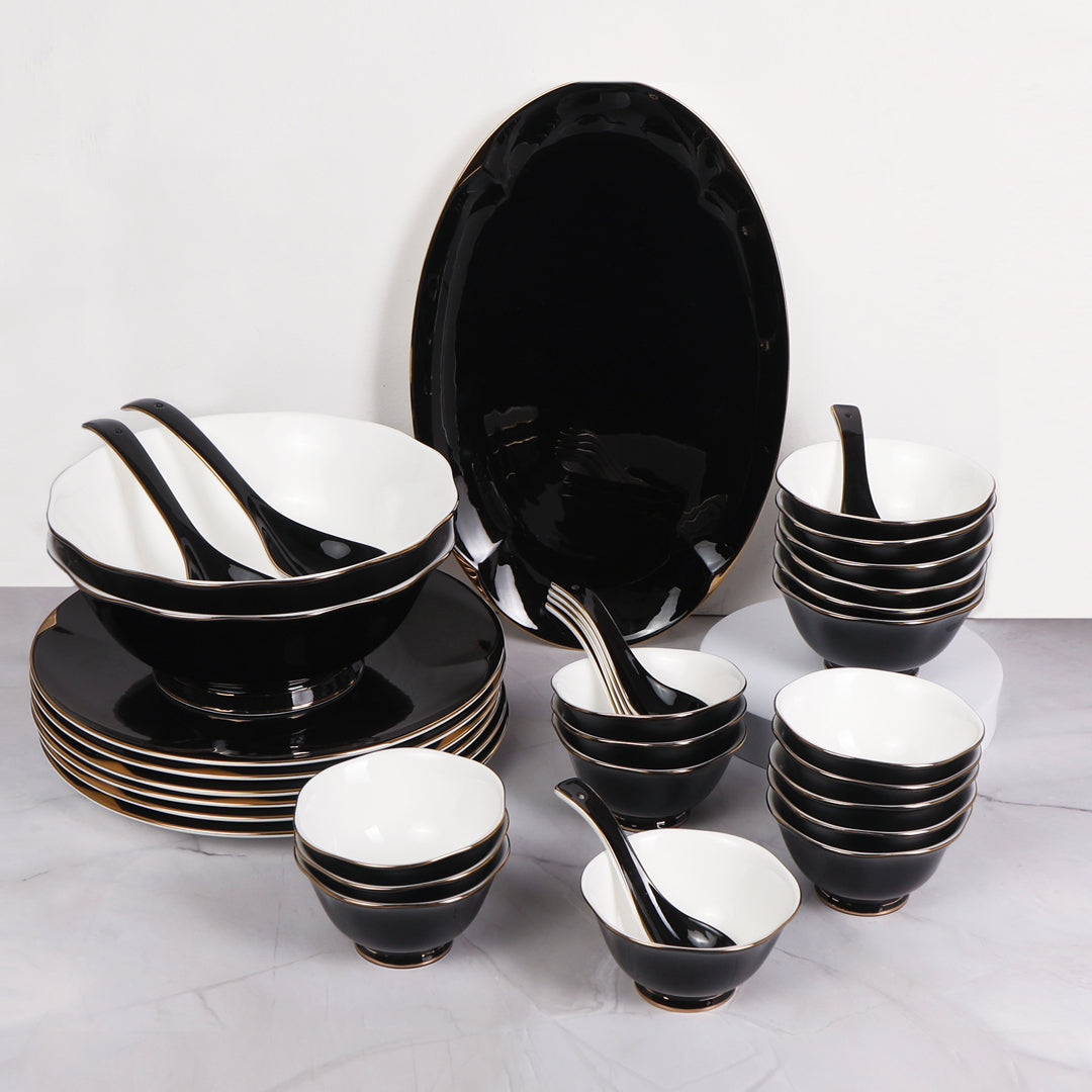 THE HOME CO. Dinner Set Of 41 Pcs - Black Porcelain With Gold Plated
