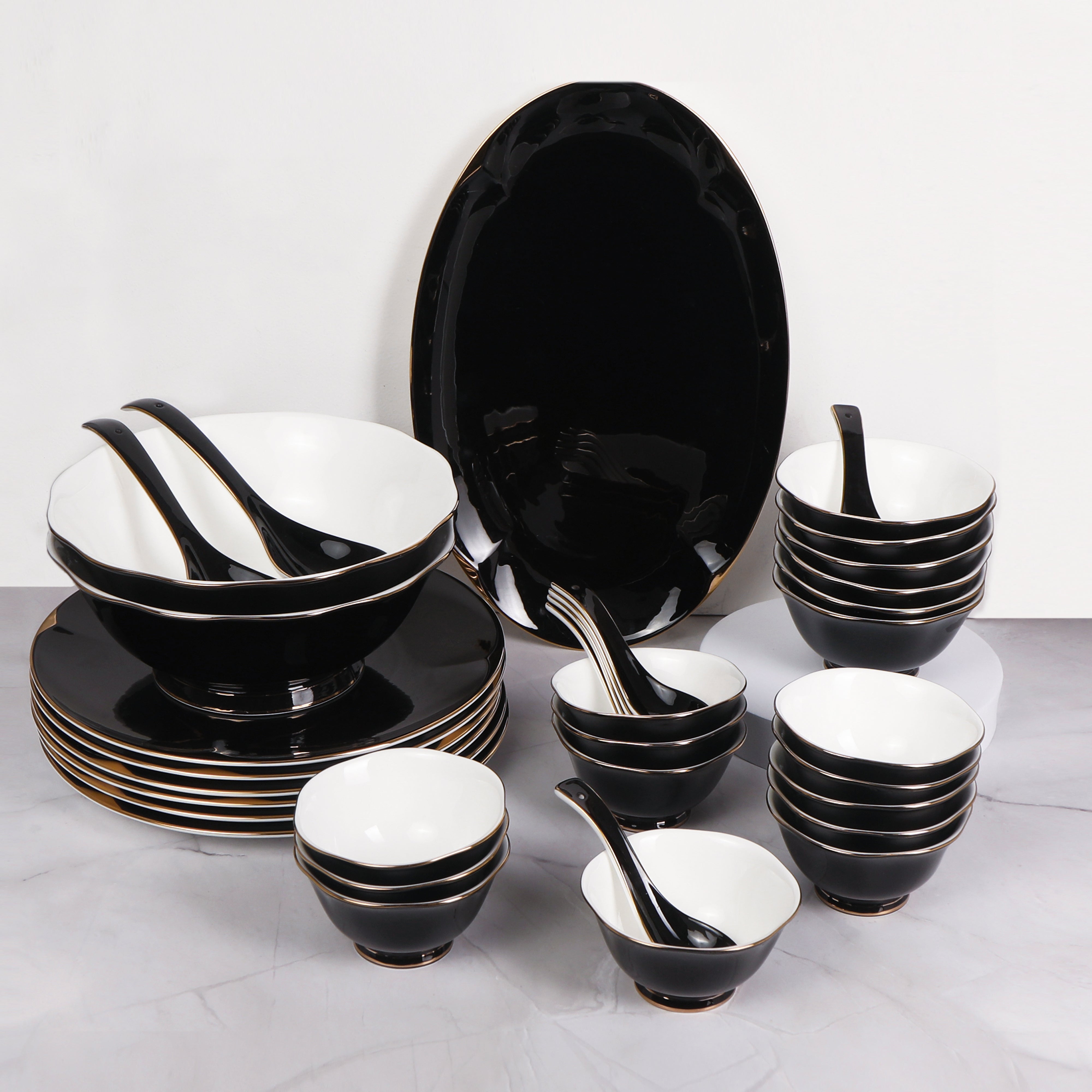 Dinner Set Of 41 Pcs - Black Porcelain With Gold Plated