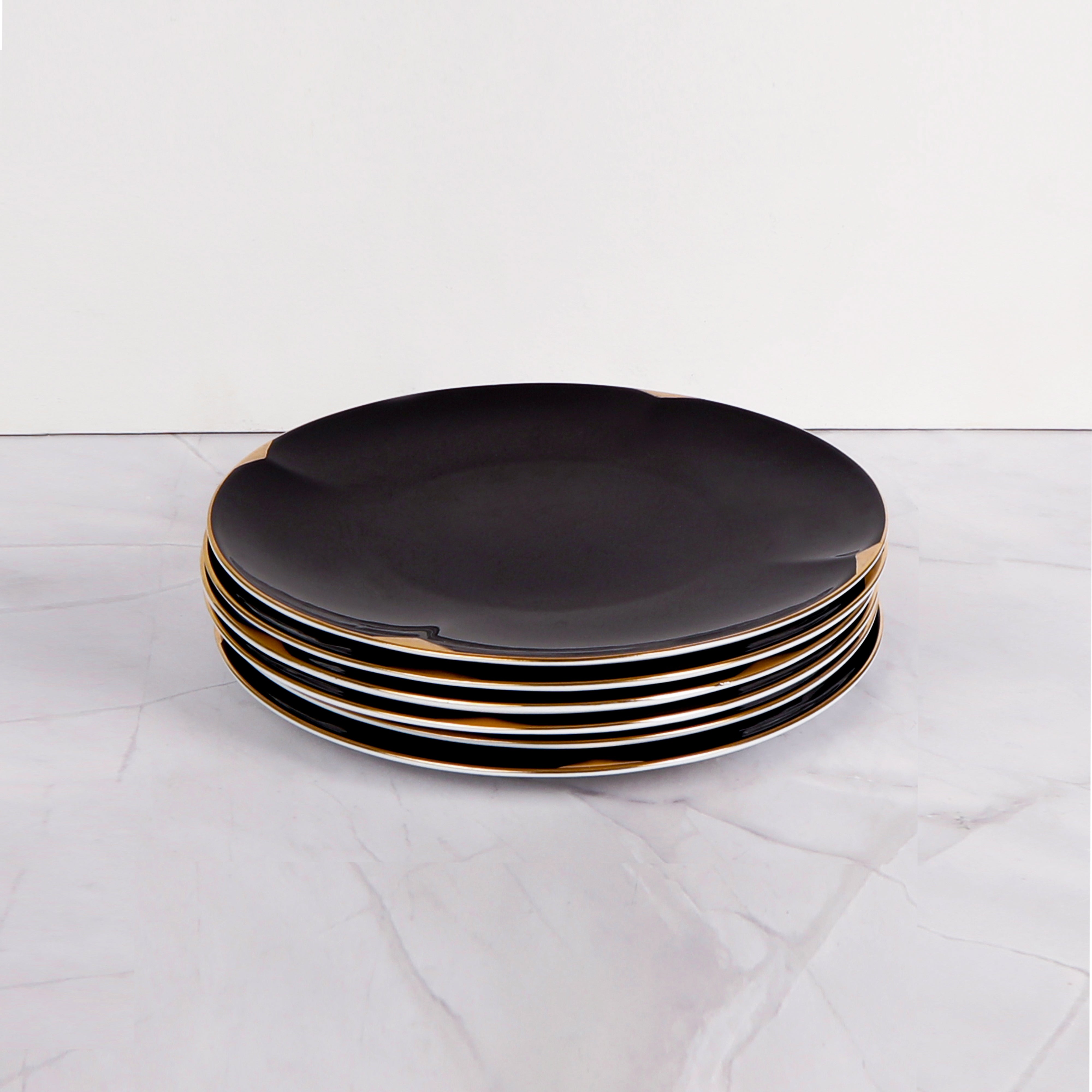 Dinner Set Of 41 Pcs - Black Porcelain With Gold Plated