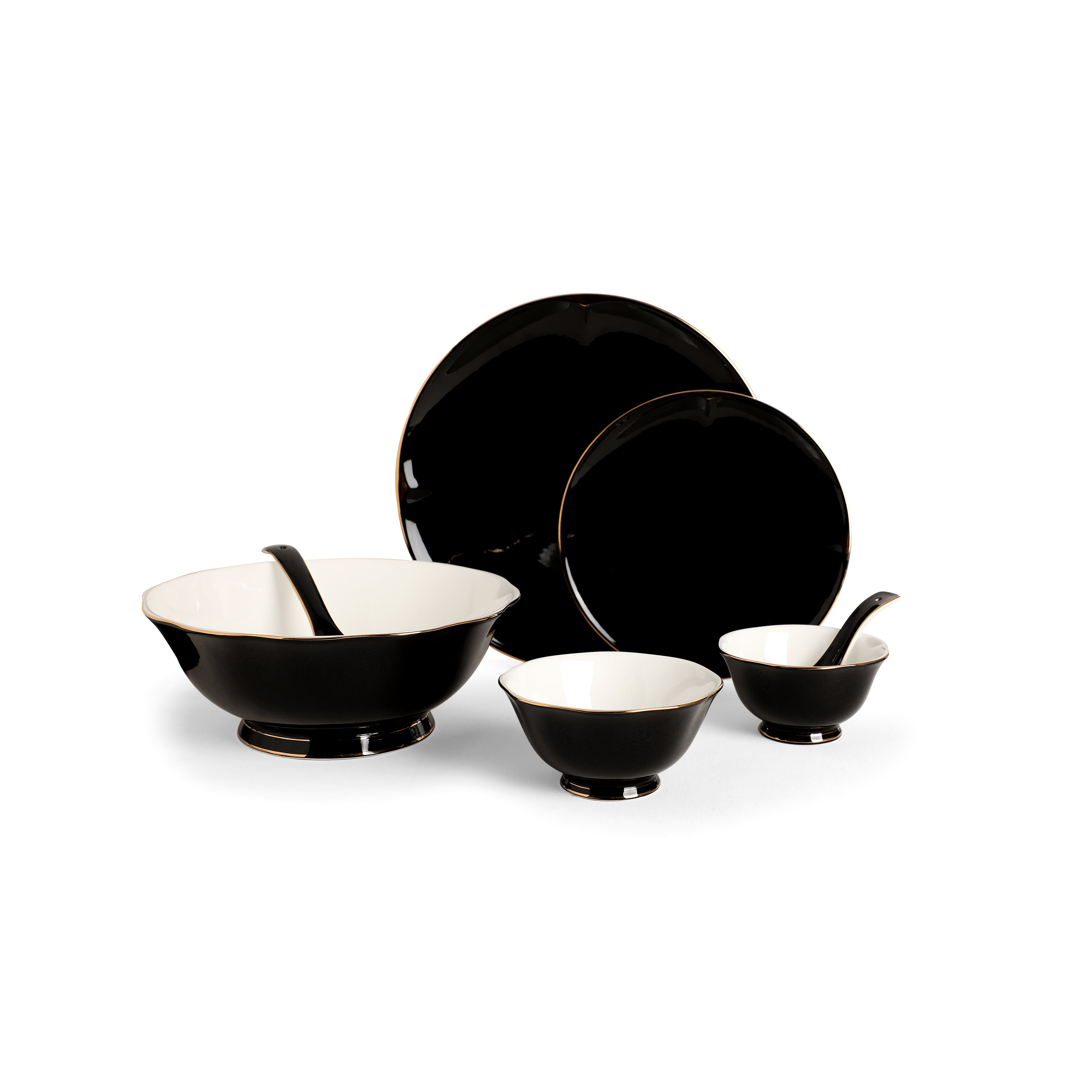 Dinner Set Of 41 Pcs - Black Porcelain With Gold Plated