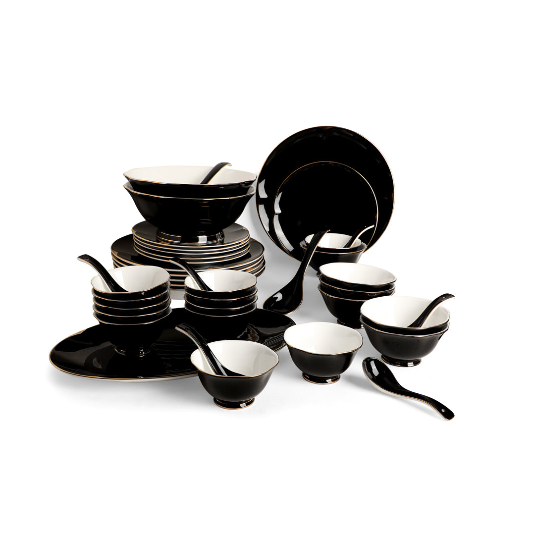 THE HOME CO. Dinner Set Of 41 Pcs - Black Porcelain With Gold Plated_3