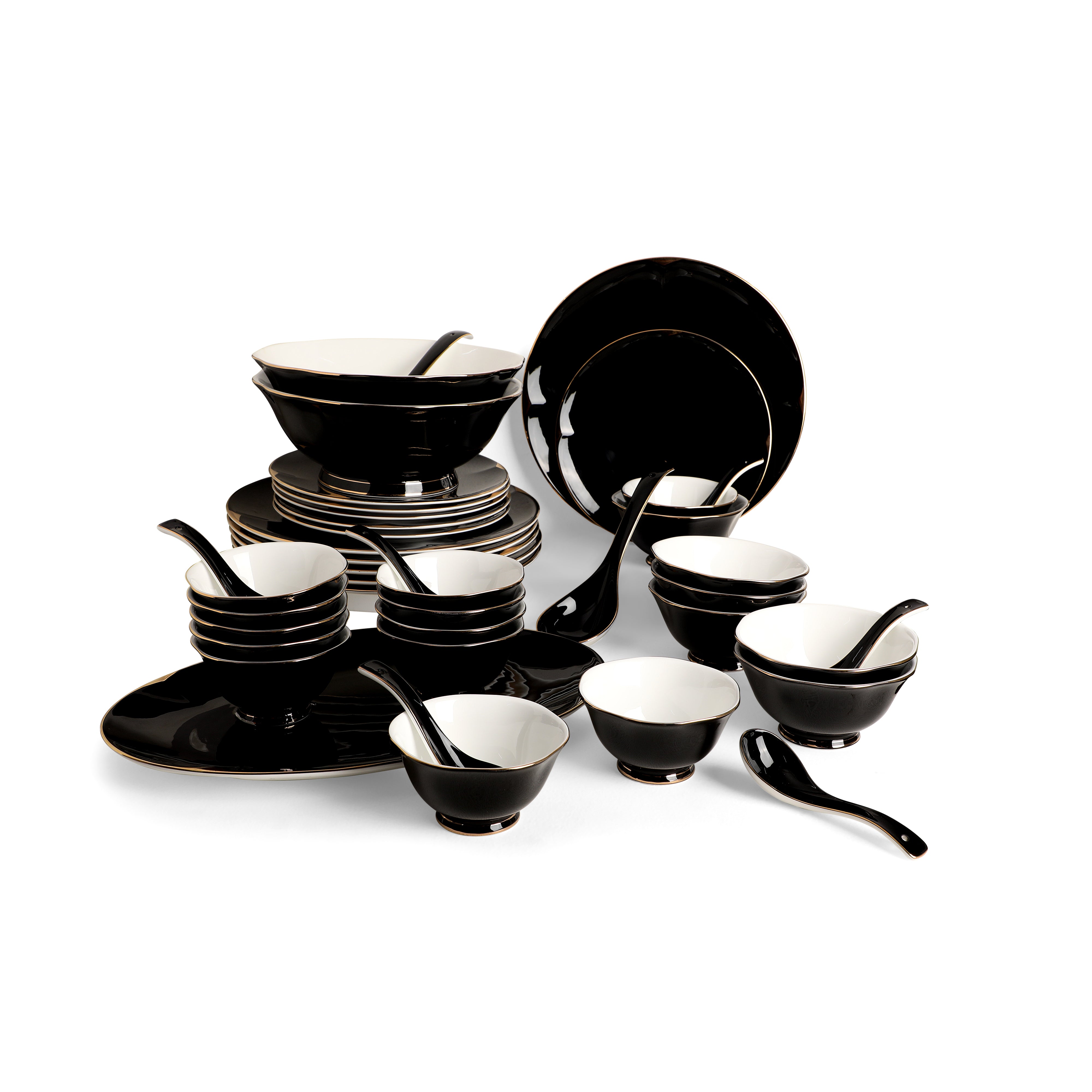 Dinner Set Of 41 Pcs - Black Porcelain With Gold Plated