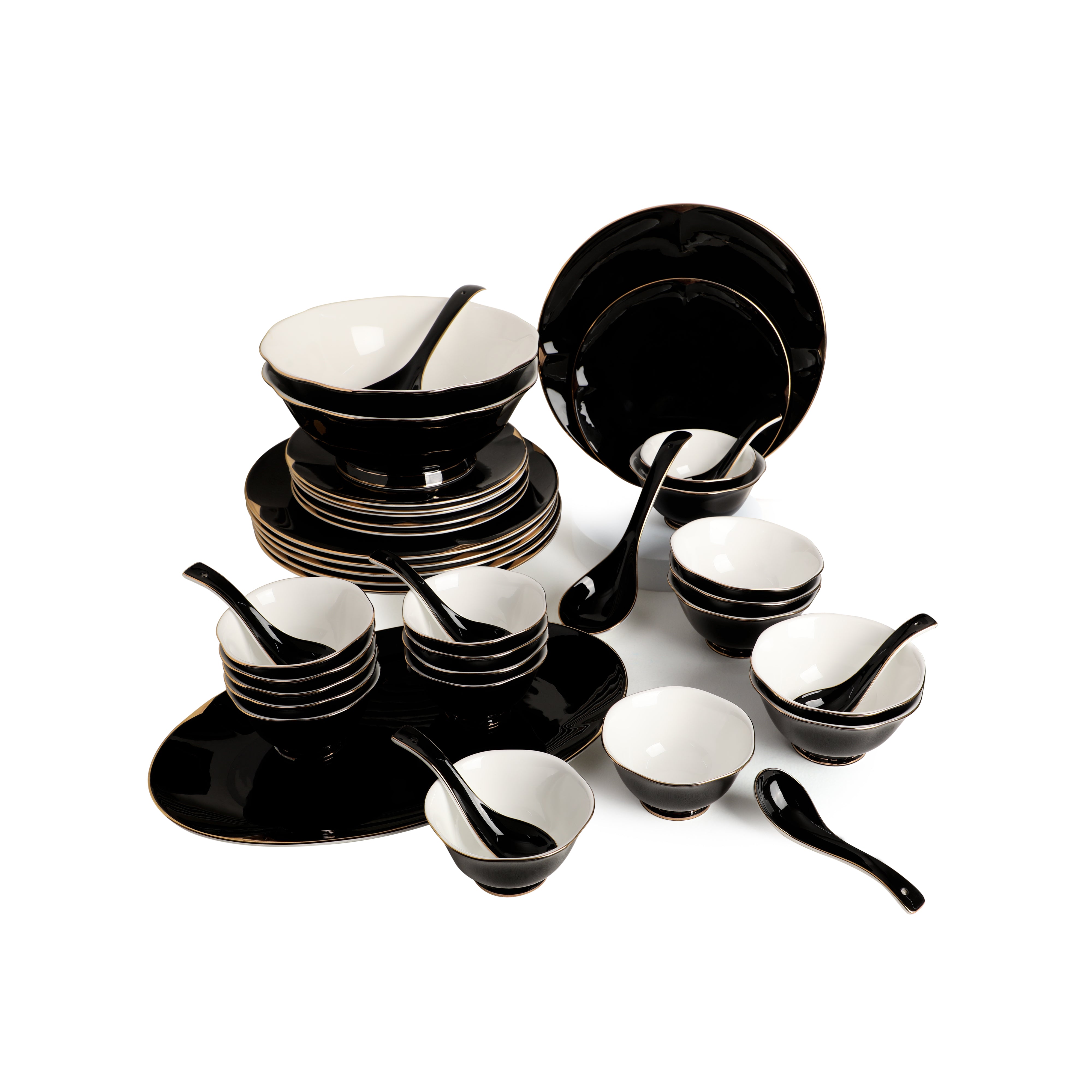 Dinner Set Of 41 Pcs - Black Porcelain With Gold Plated