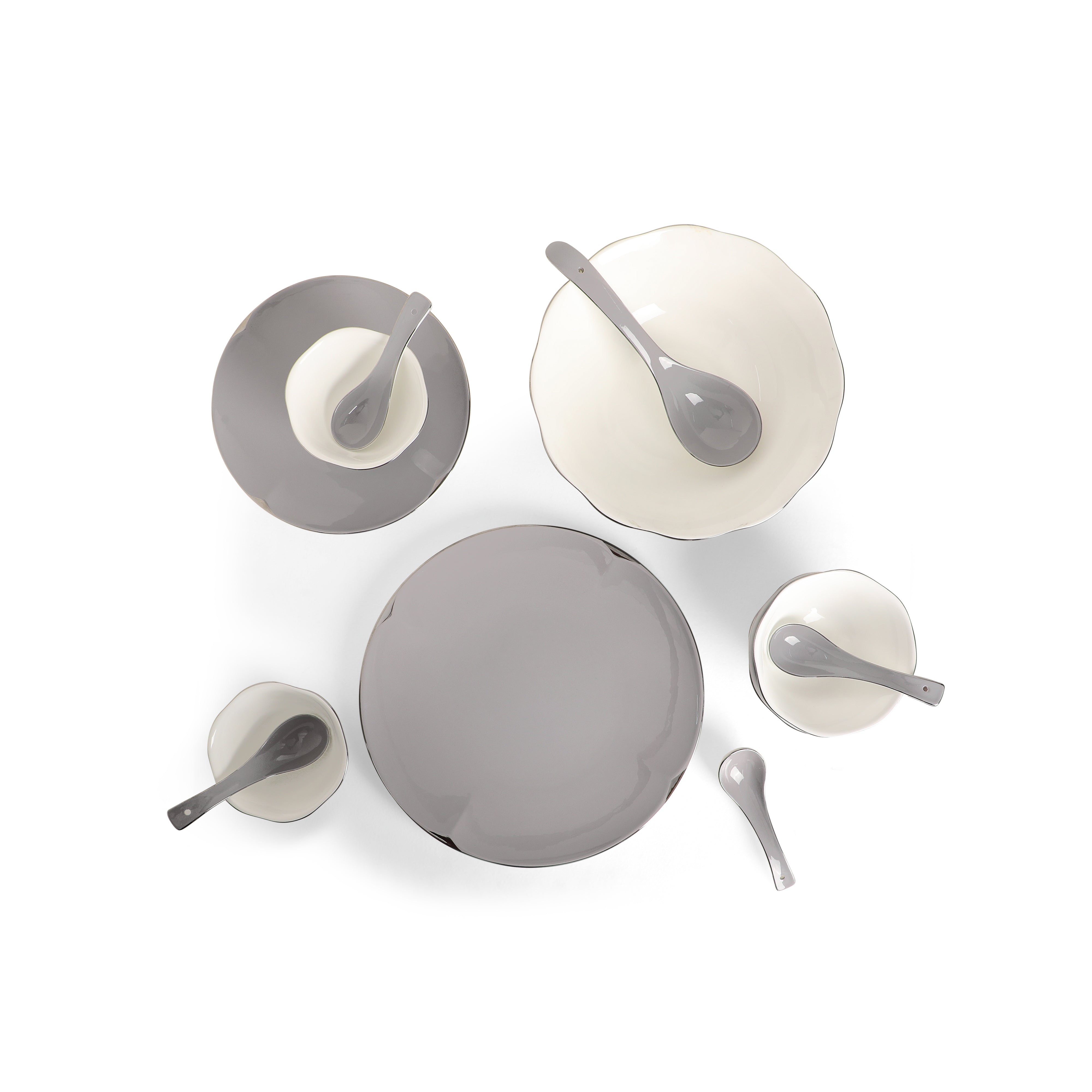 Dinner Set Of 41 Pcs - Grey Porcelain With Silver Plated